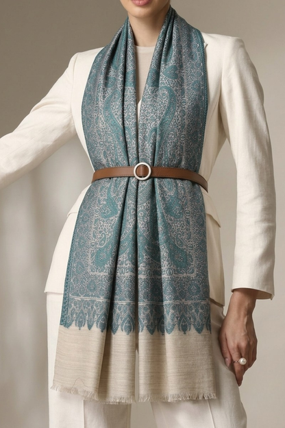 Buta Paisley Jamawar Weaved Pashmina Stole- Teal