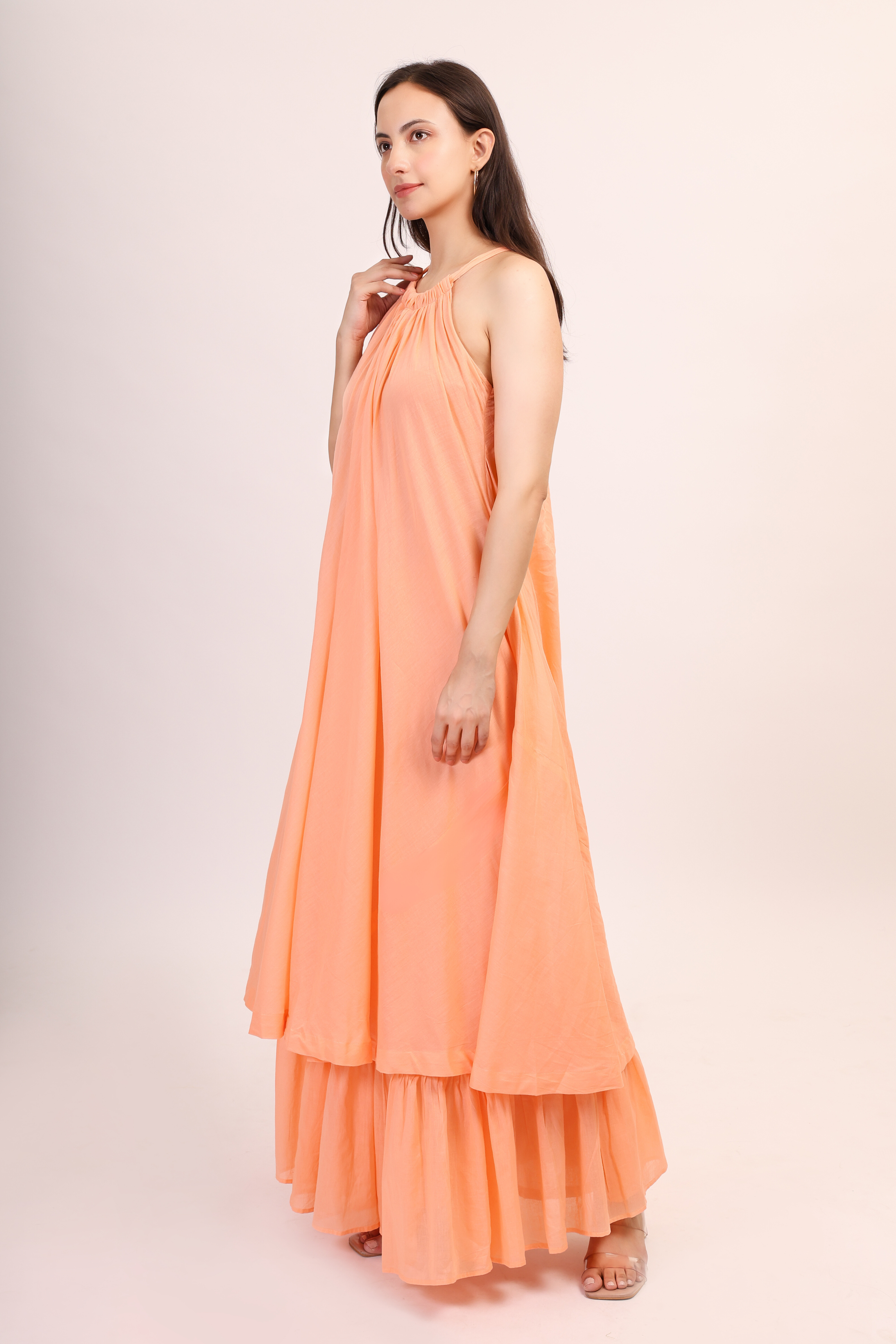 Mul Cotton Halter Neck Anarkali - peach