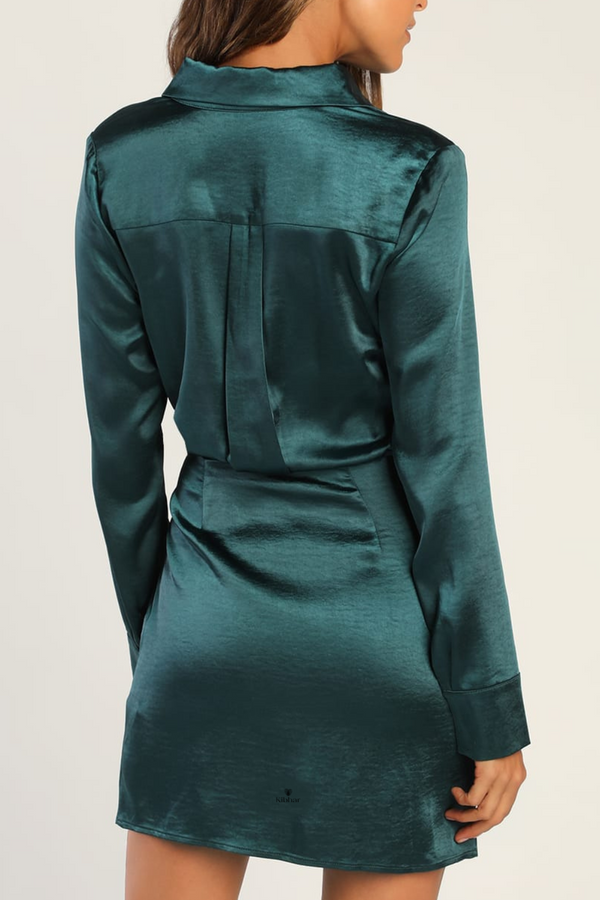 Priyagana - Dark Teal Satin Collared Long Sleeve Mini Dress