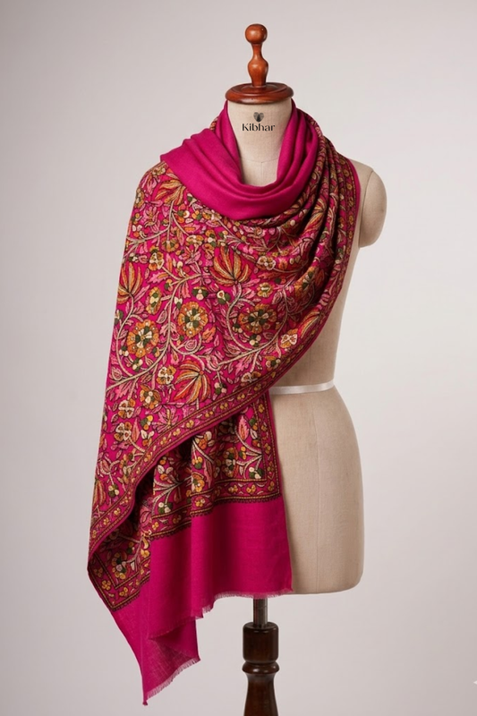 Floral Embroidered Pashmina Stole- Rani Pink