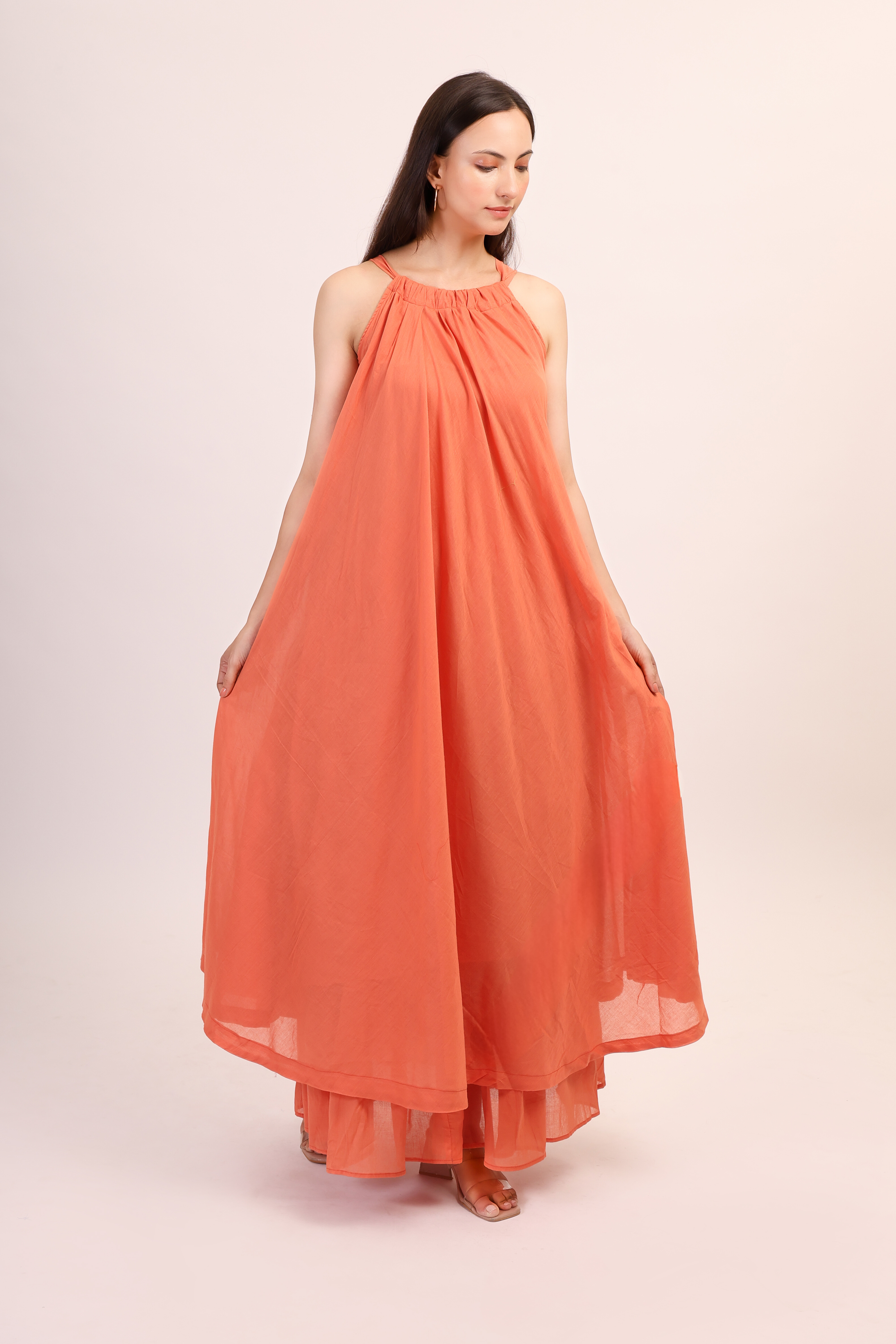 Mul Cotton Halter Neck Anarkali - orange