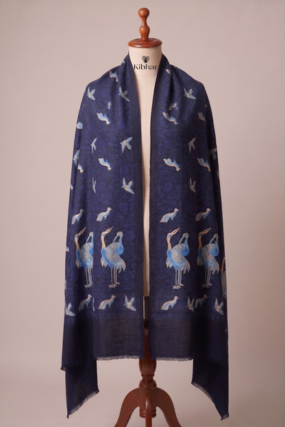 Nalki Embroidered Crane Pashmina Stole – Blue
