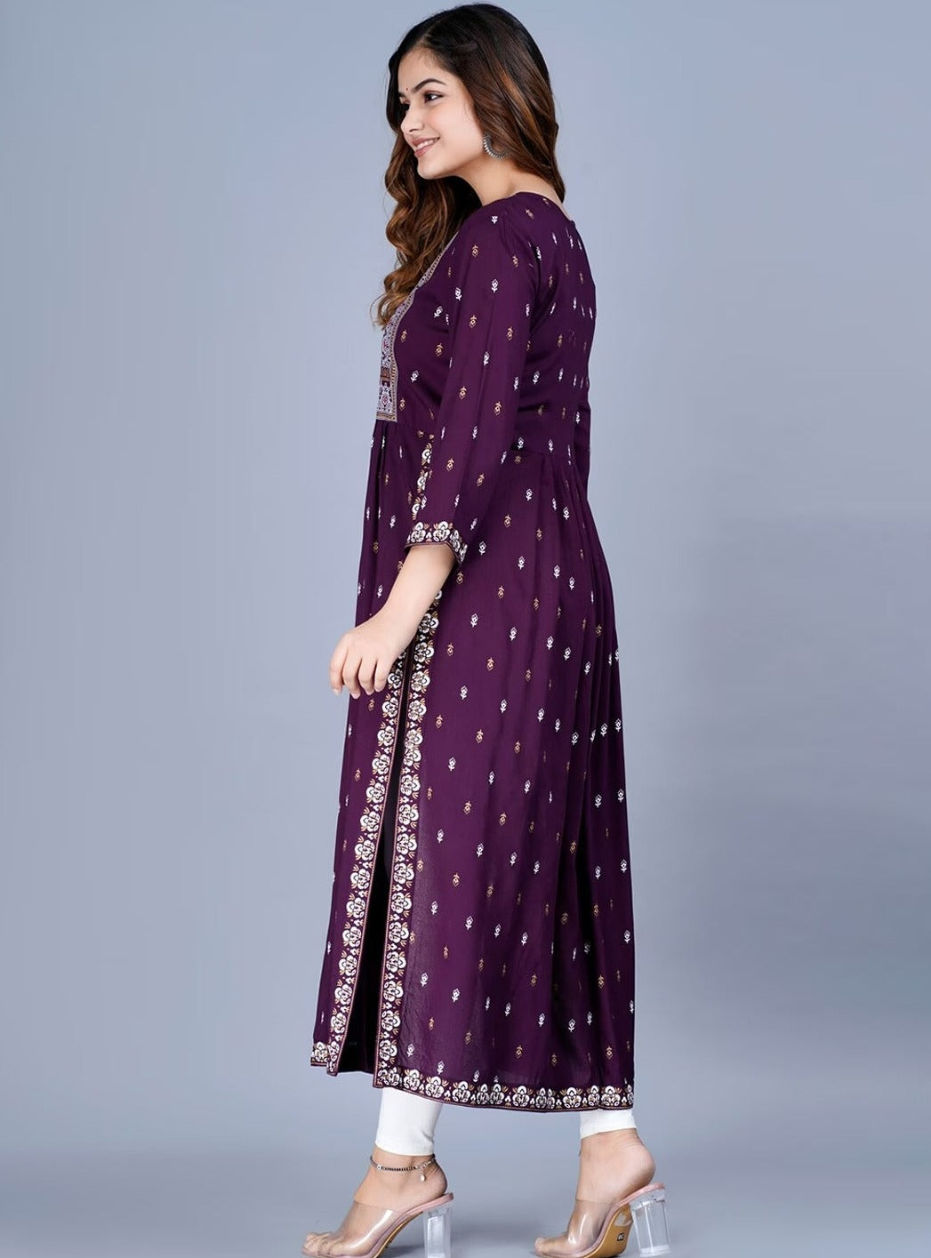 Purple nayra cut printed kurti