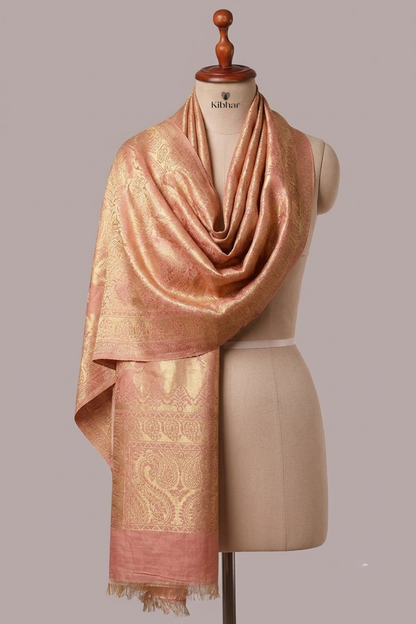Kashmiri buta jaal zari woven pashmina stole- Peach Pink