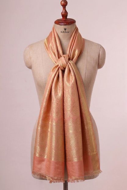 Kashmiri buta jaal zari woven pashmina stole- Peach Pink
