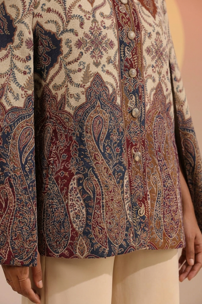 Regal Motif Woven Polywool Cape – Beige