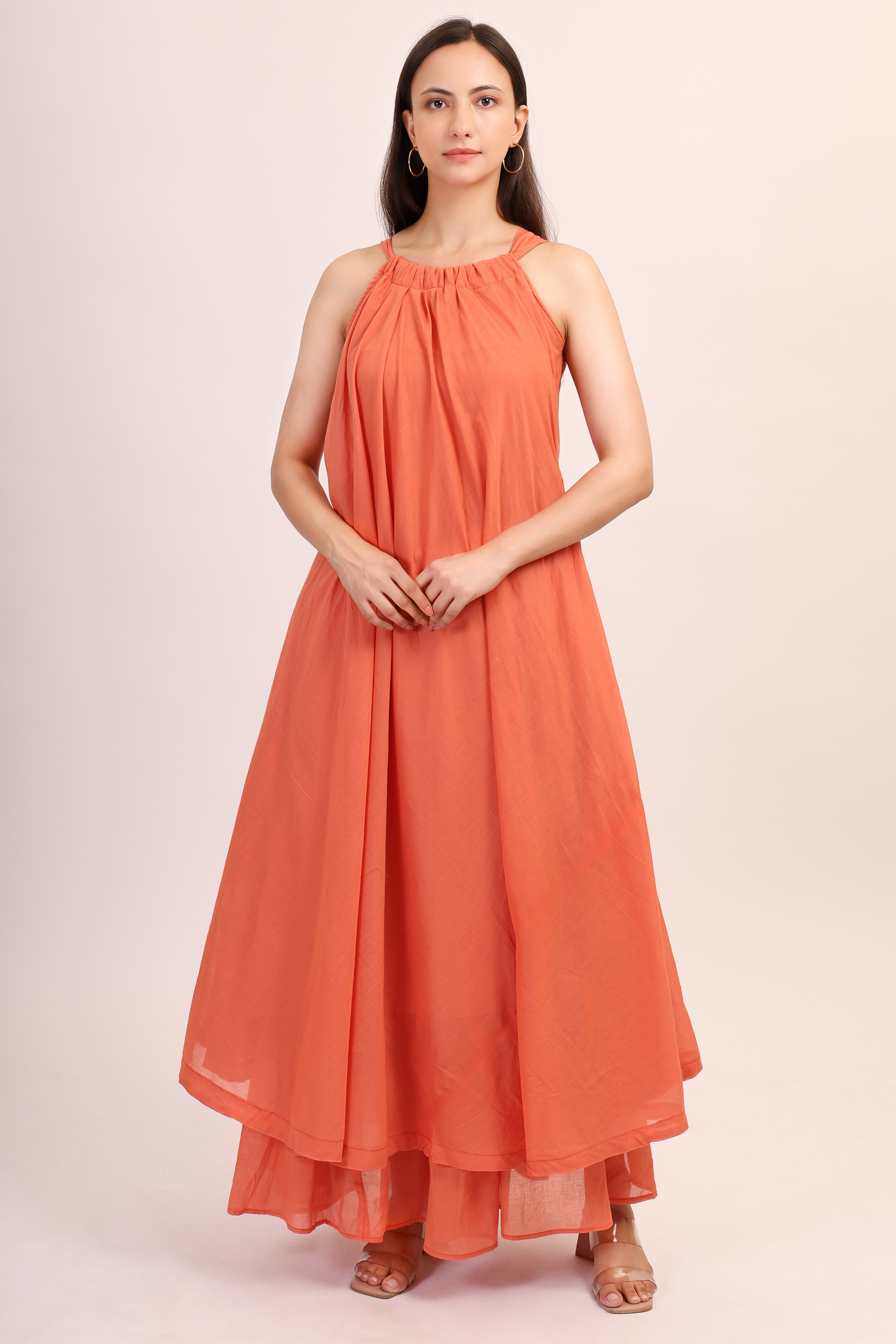 Mul Cotton Halter Neck Anarkali - orange