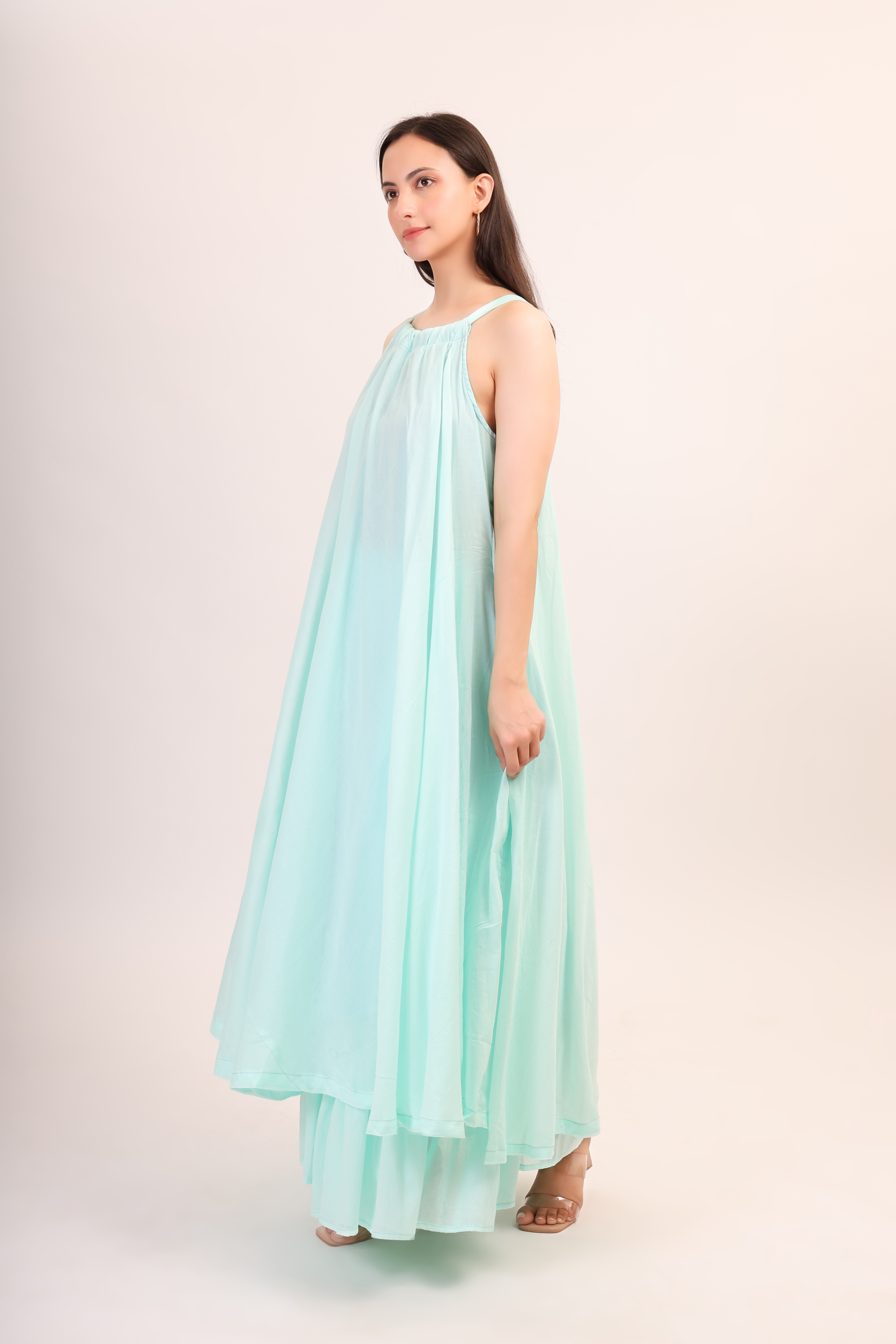 Mul Cotton Halter Neck Anarkali - pastel blue