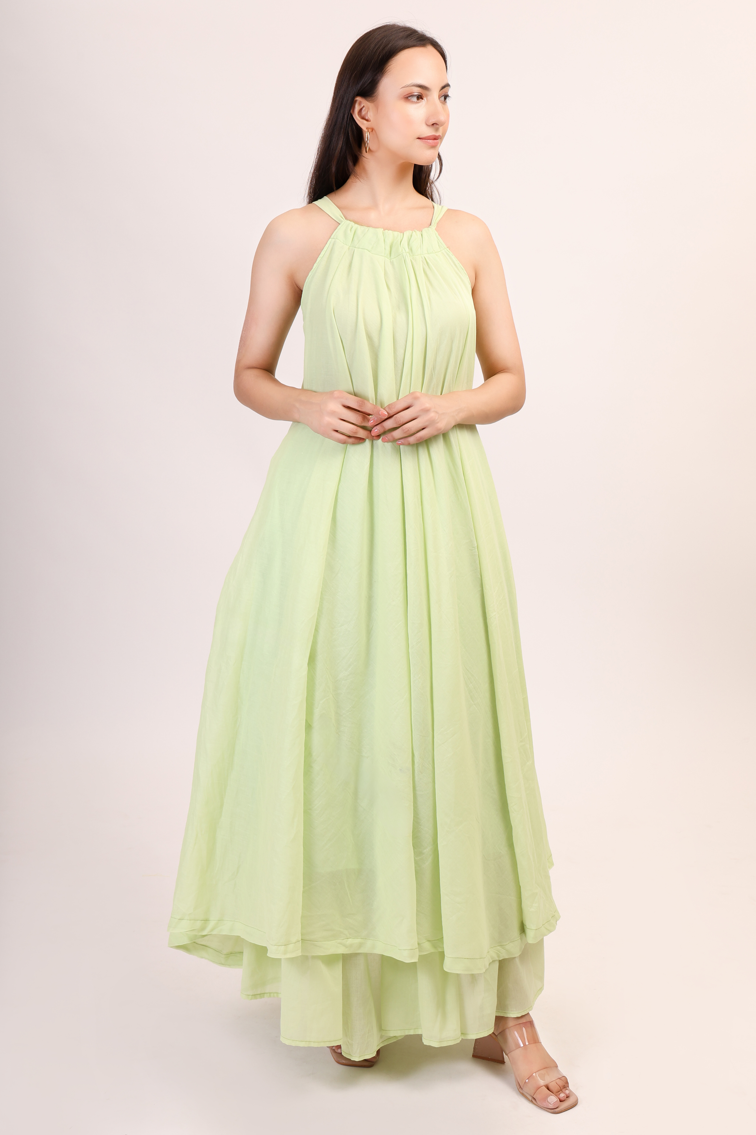 Mul Cotton Halter Neck Anarkali - pista green