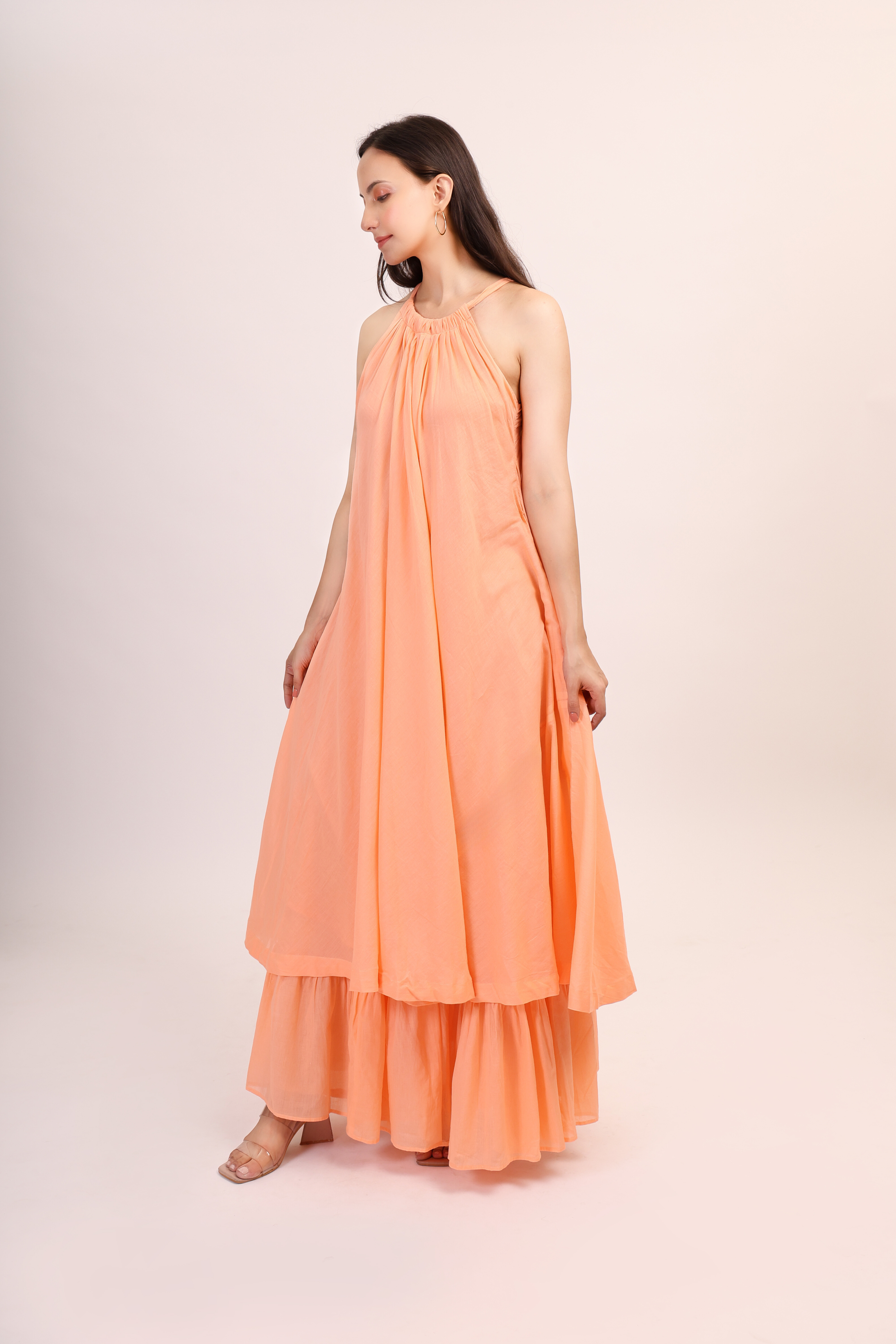 Mul Cotton Halter Neck Anarkali - peach