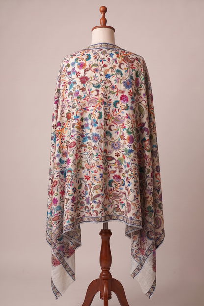 Kalamkari Embroidered Pashmina Shawl- White