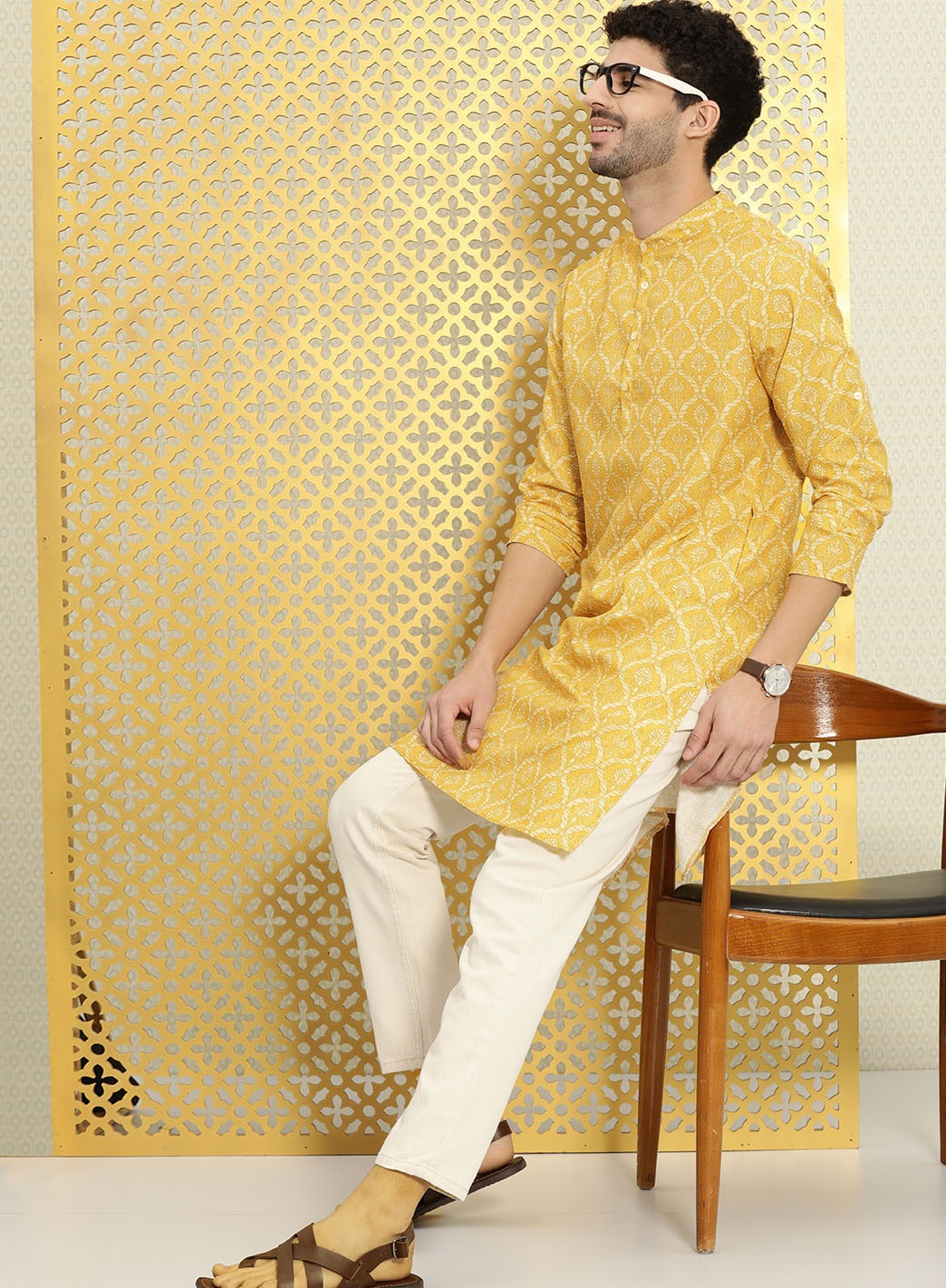 Yellow printed straight men kurta