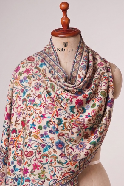 Kalamkari Embroidered Pashmina Shawl- White