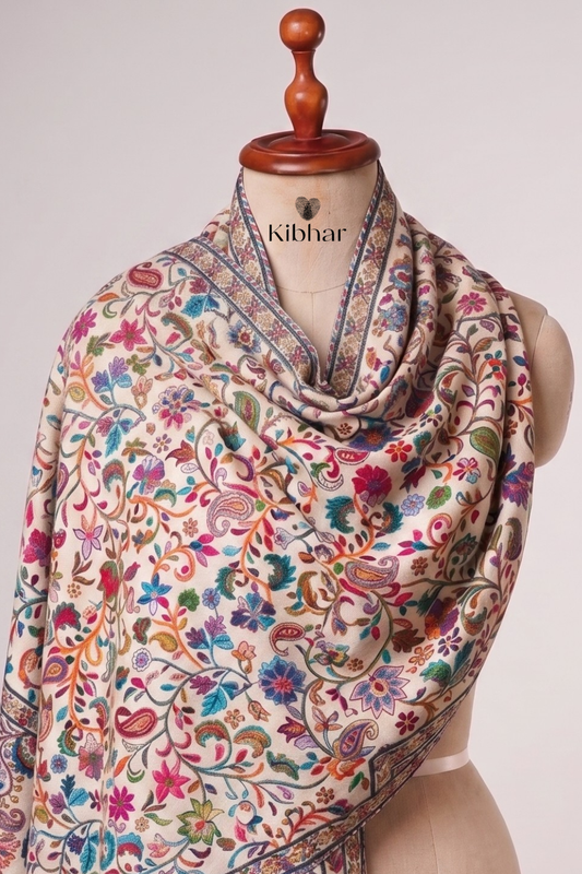Kalamkari Embroidered Pashmina Shawl- White