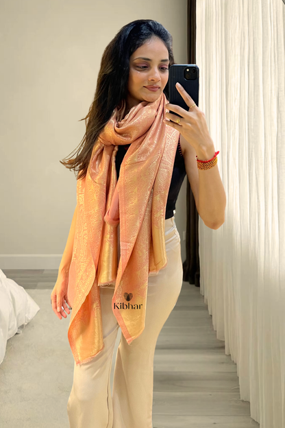 Kashmiri buta jaal zari woven pashmina stole- Peach Pink