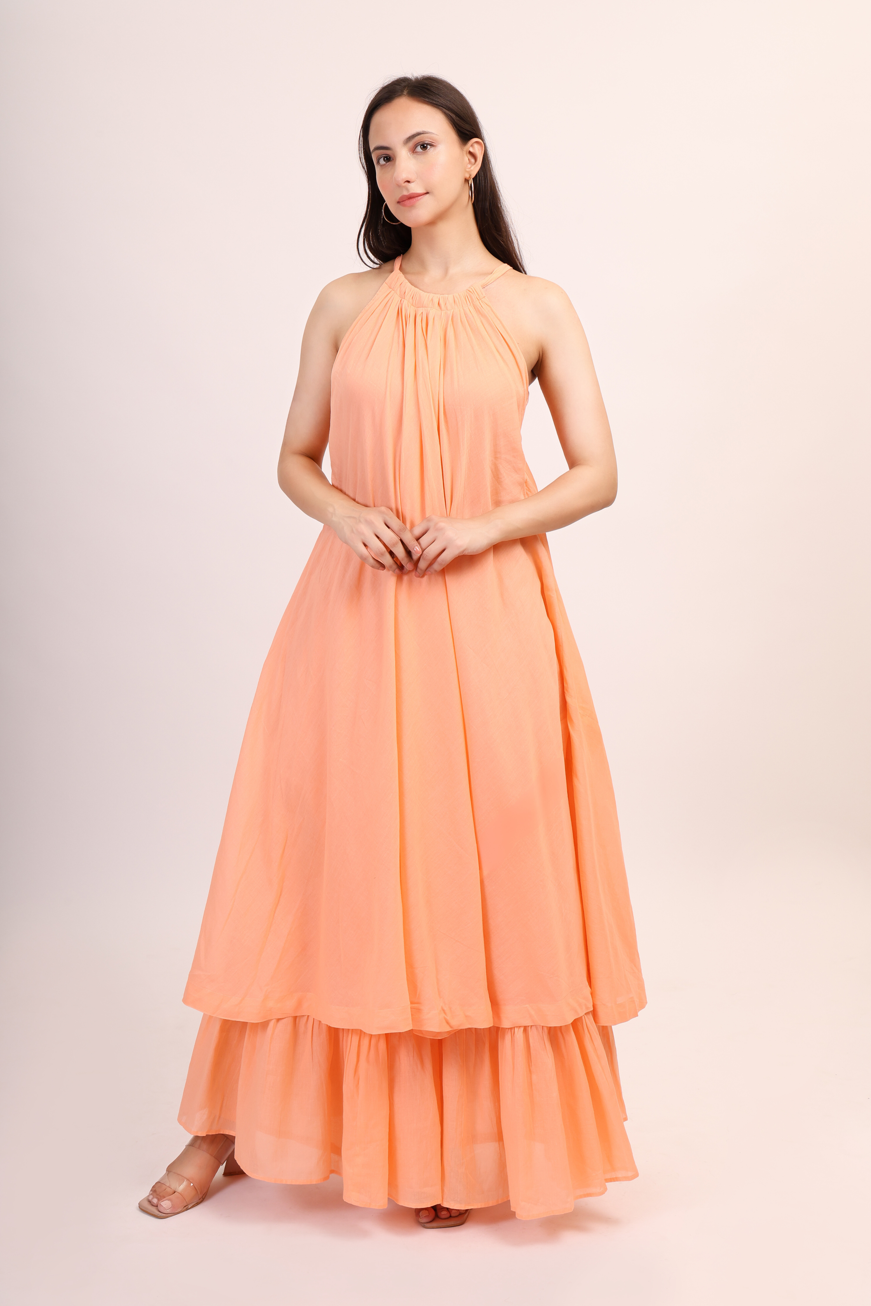 Mul Cotton Halter Neck Anarkali - peach