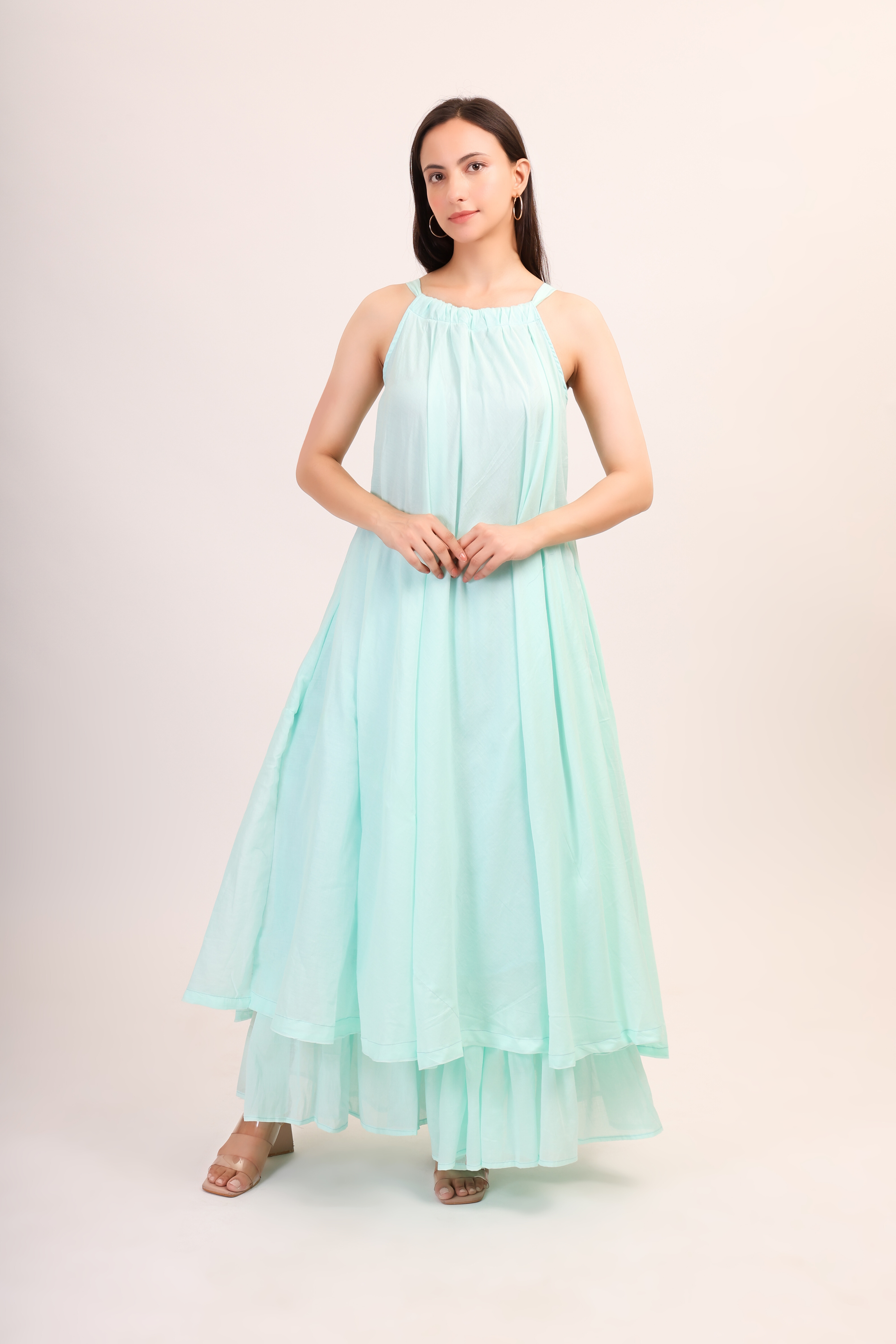 Mul Cotton Halter Neck Anarkali - pastel blue