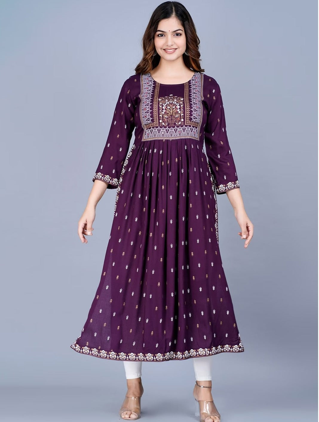 Purple nayra cut printed kurti