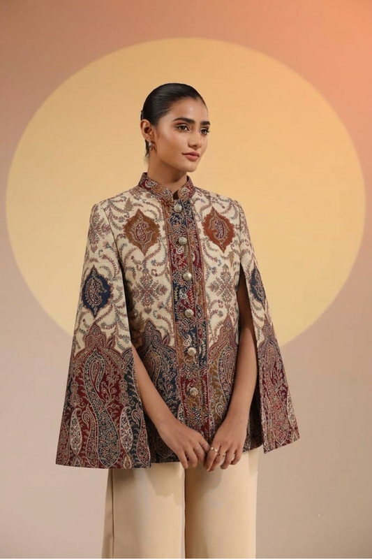 Regal Motif Woven Polywool Cape – Beige