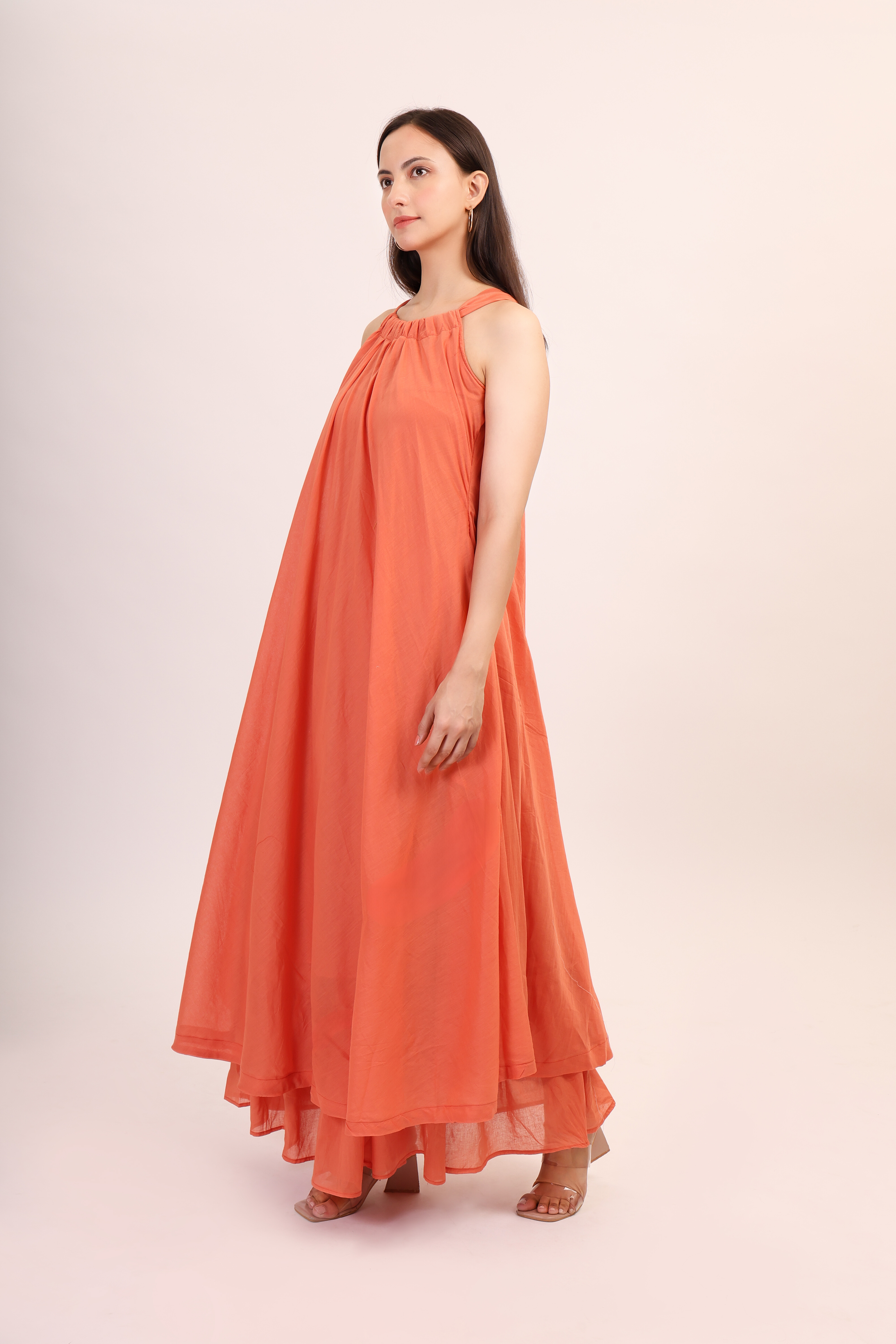 Mul Cotton Halter Neck Anarkali - orange