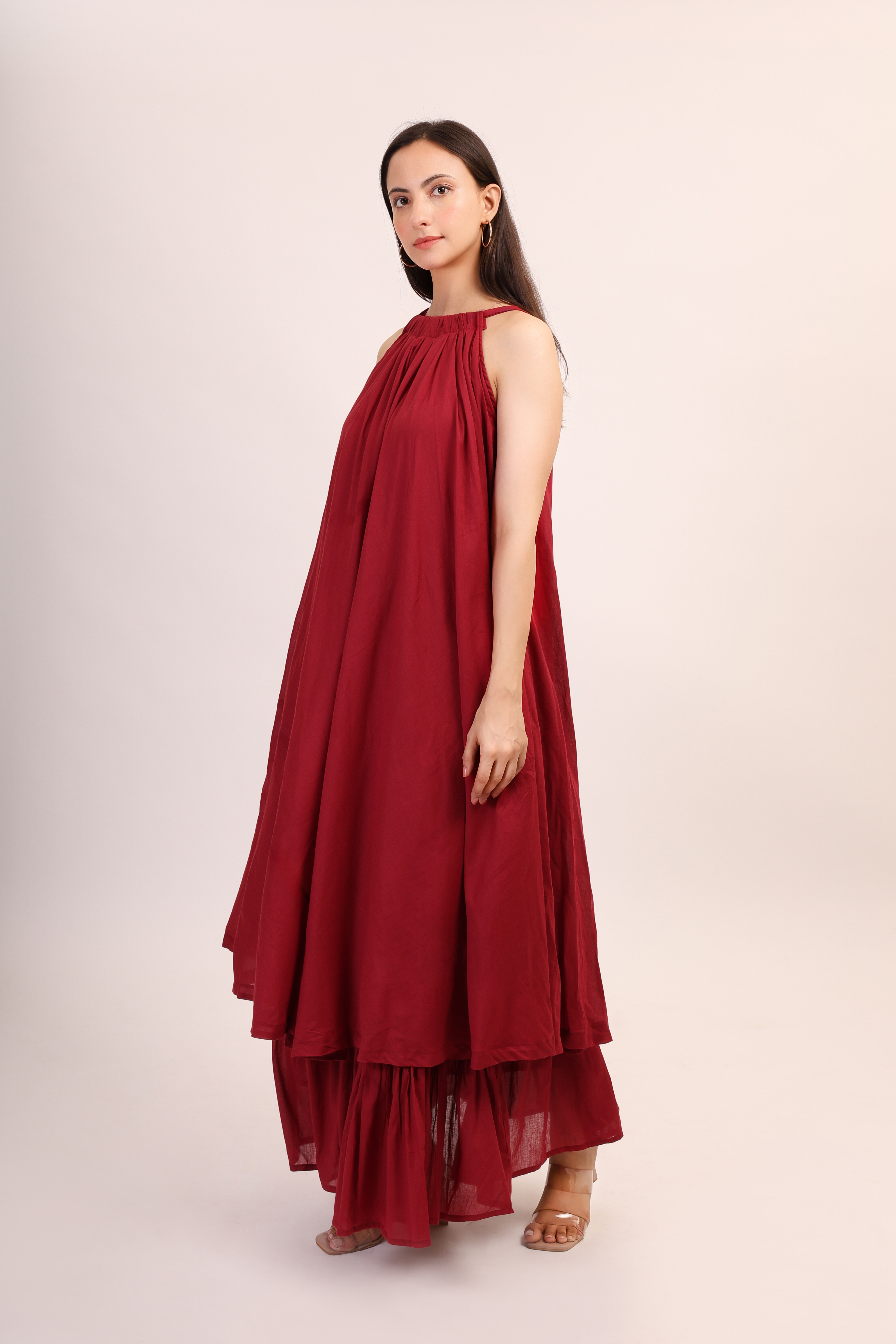 Mul Cotton Halter Neck Anarkali - maroon