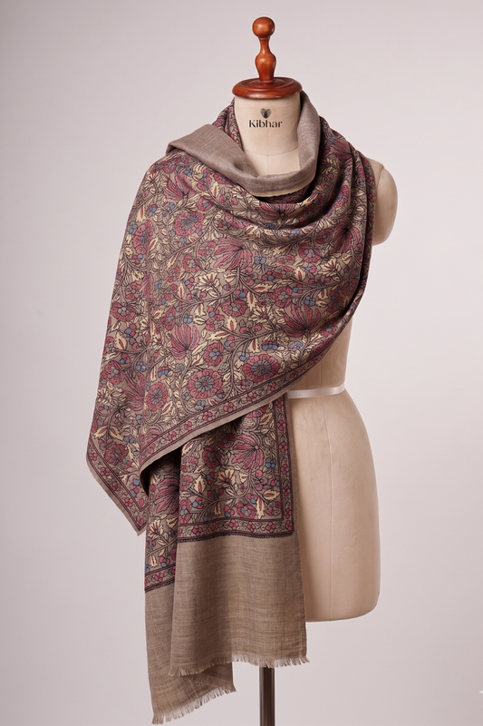 Elegant Floral Embroidered Pashmina Stole-Taupe