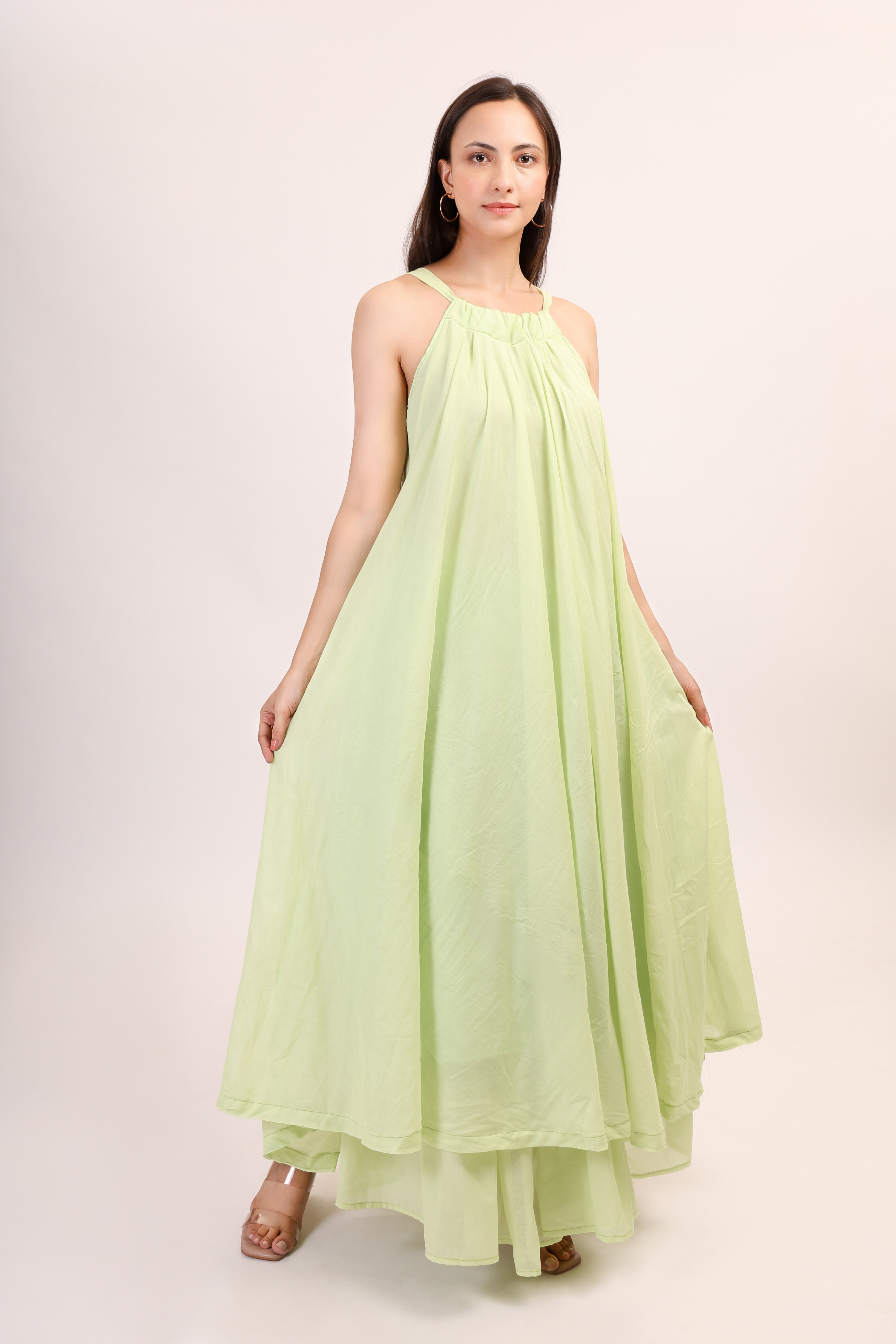 Mul Cotton Halter Neck Anarkali - pista green