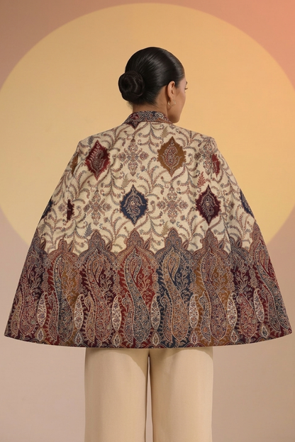 Regal Motif Woven Polywool Cape – Beige