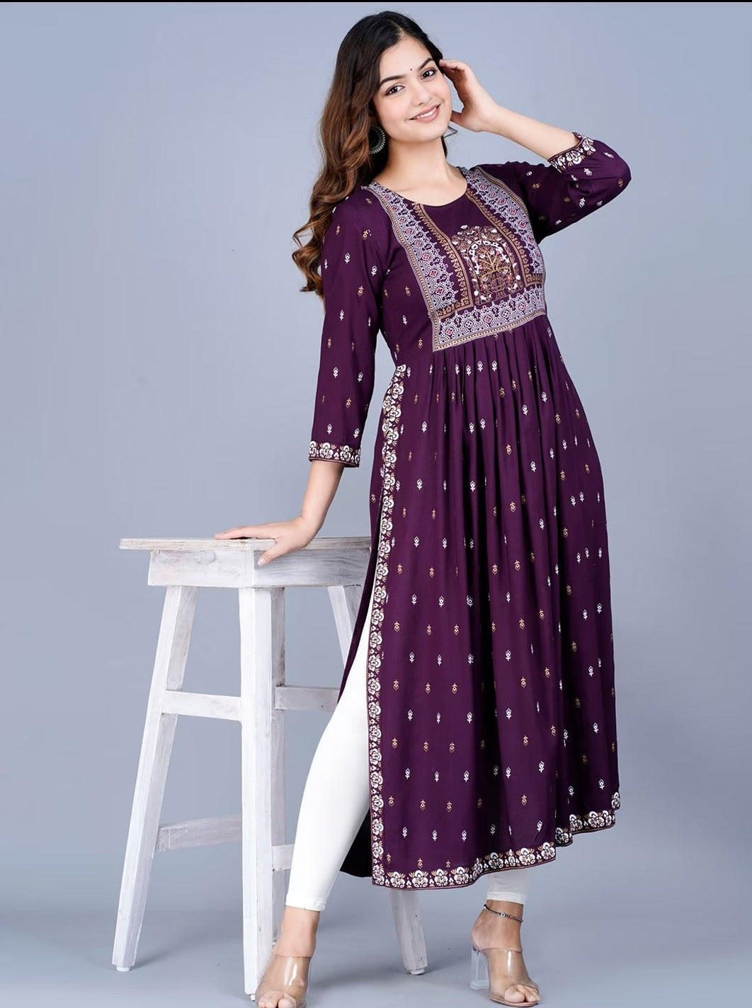 Purple nayra cut printed kurti