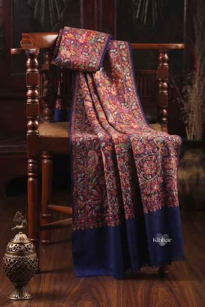 Floral Embroidered Pashmina Stole- Navy Blue