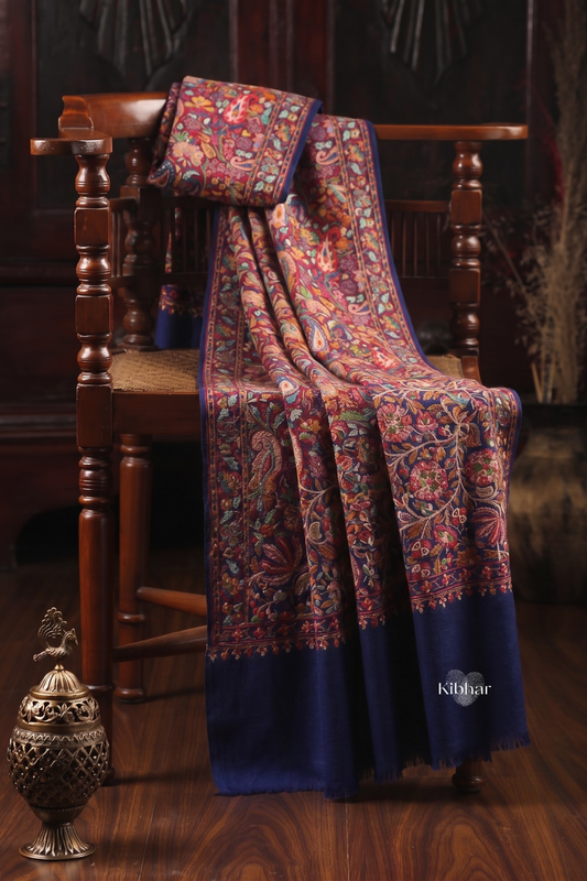 Floral Embroidered Pashmina Stole- Navy Blue