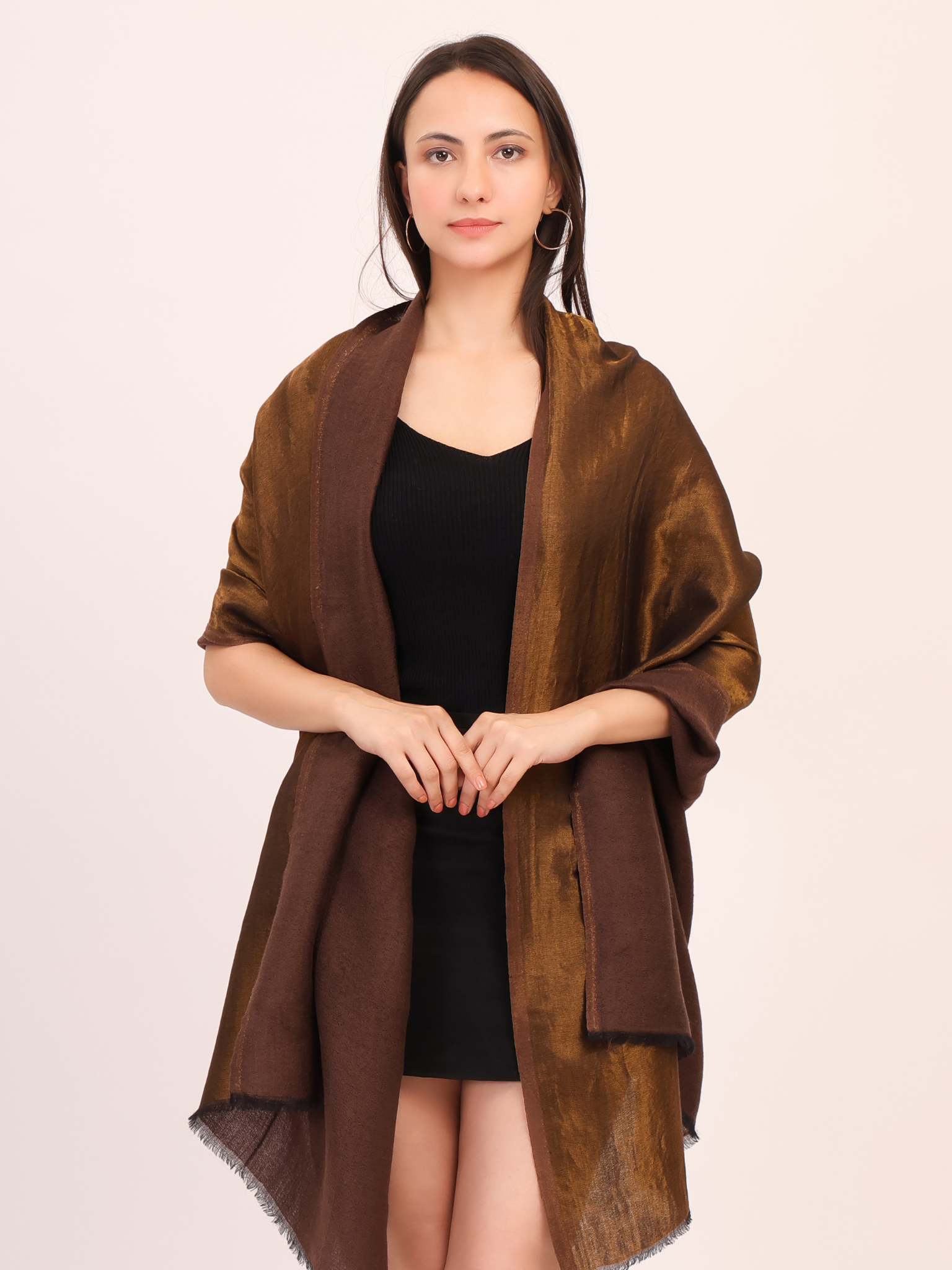 Dual tone fine wool Zari Stole- Dark Brown