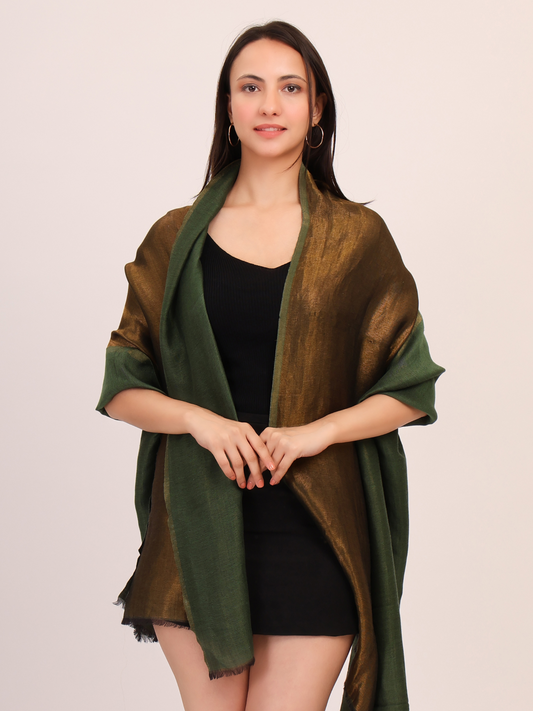 Dual tone fine wool Zari Stole- Olive