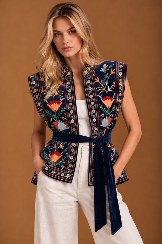Midnight Mist sleeveless Embroidered Suzani Jacket