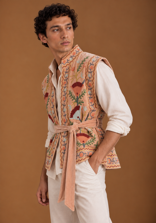 Peachy sleeveless Embroidered Suzani Jacket