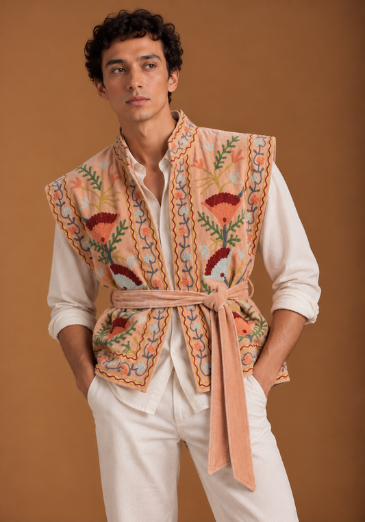 Peachy sleeveless Embroidered Suzani Jacket