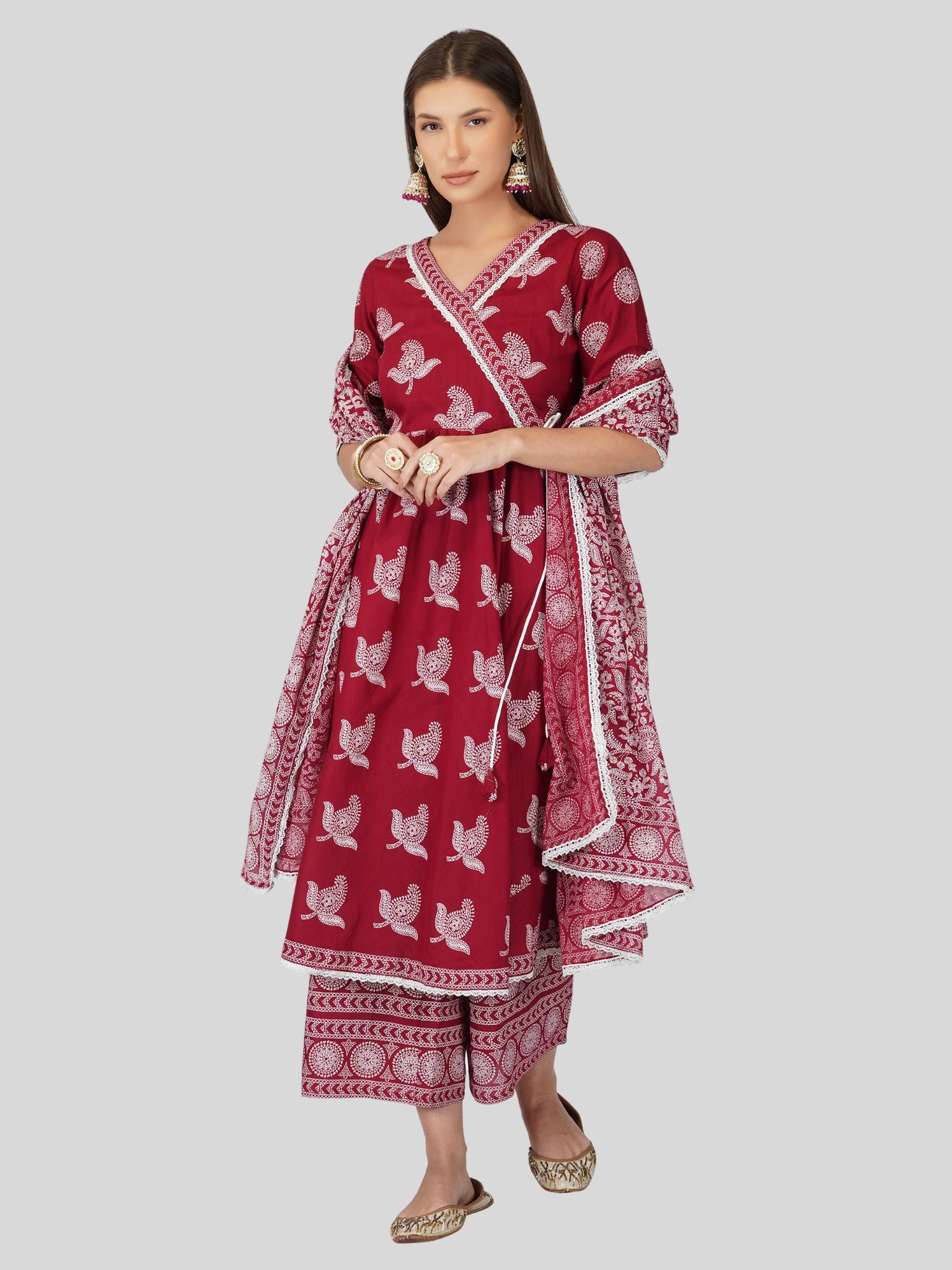 Red bold print anarkali kurti set