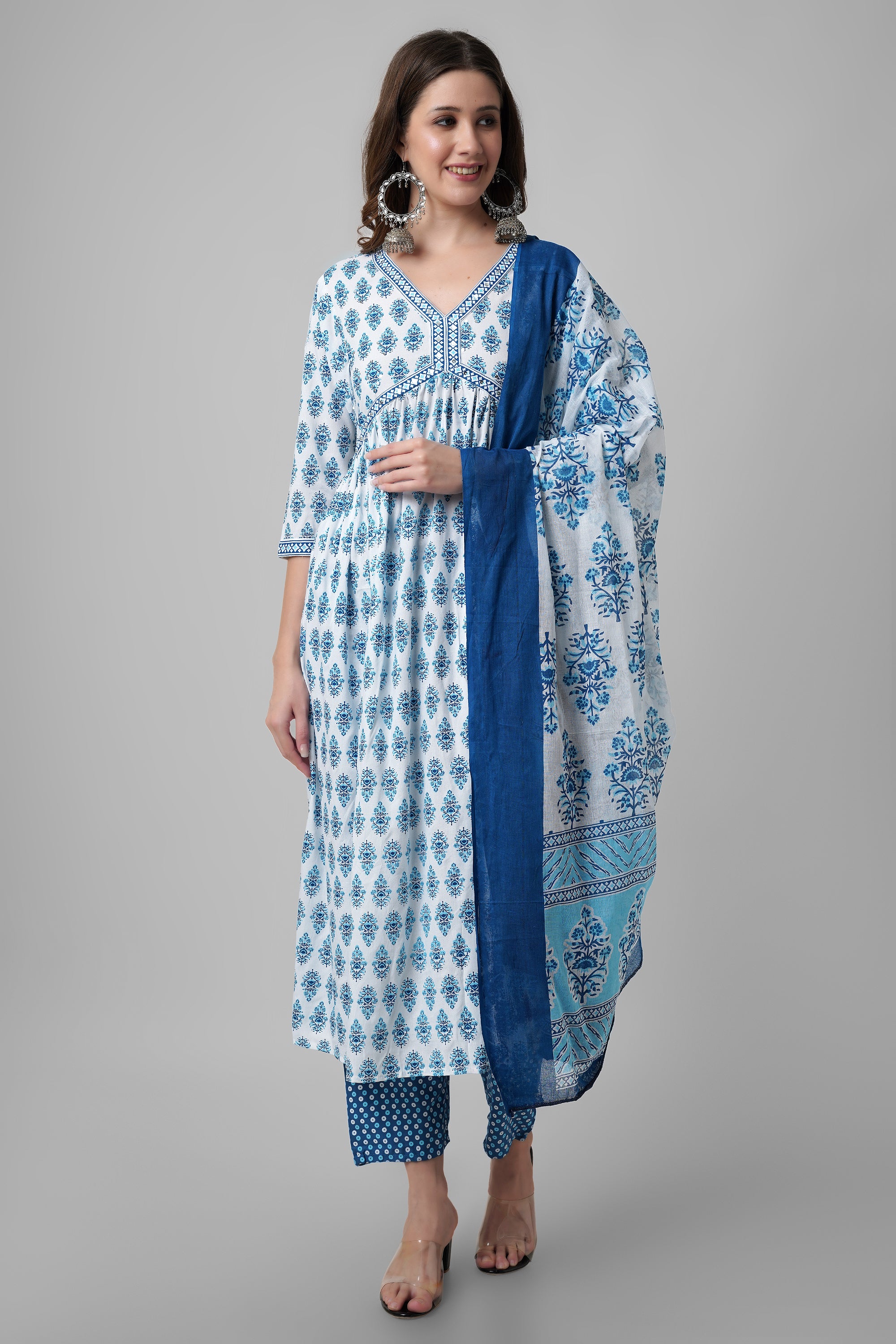 Blue aliya cut printed kurti set