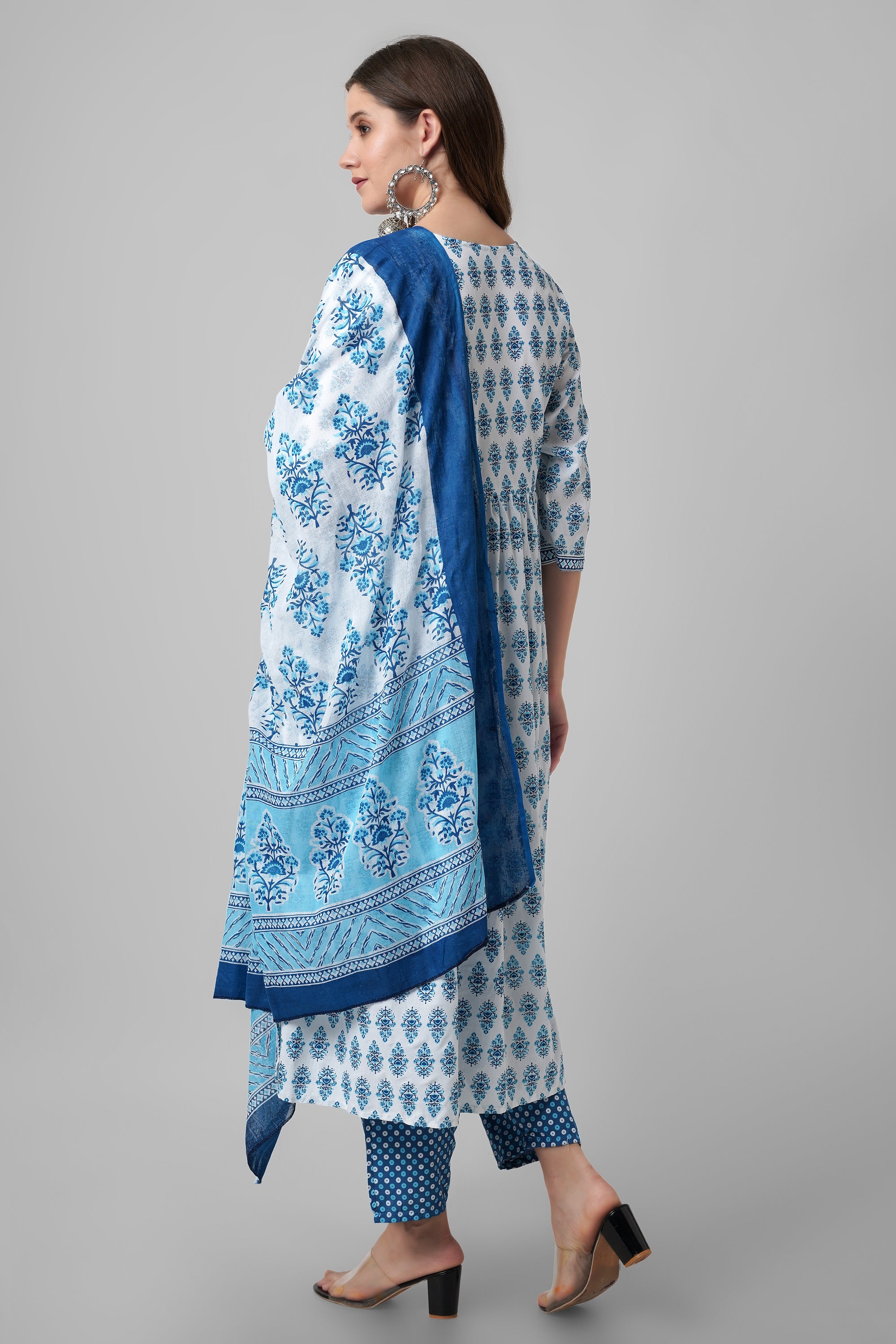 Blue aliya cut printed kurti set