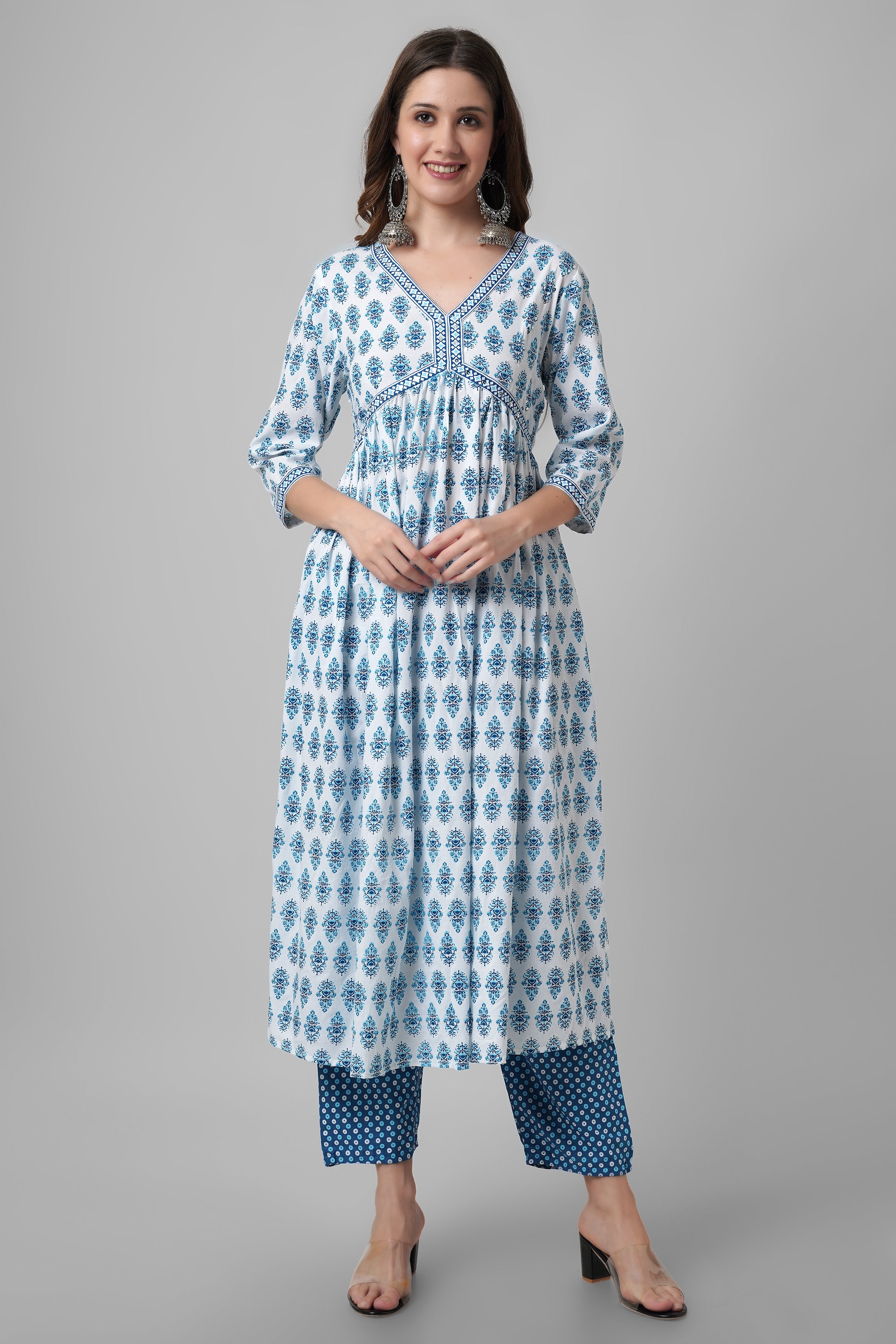 Blue aliya cut printed kurti set