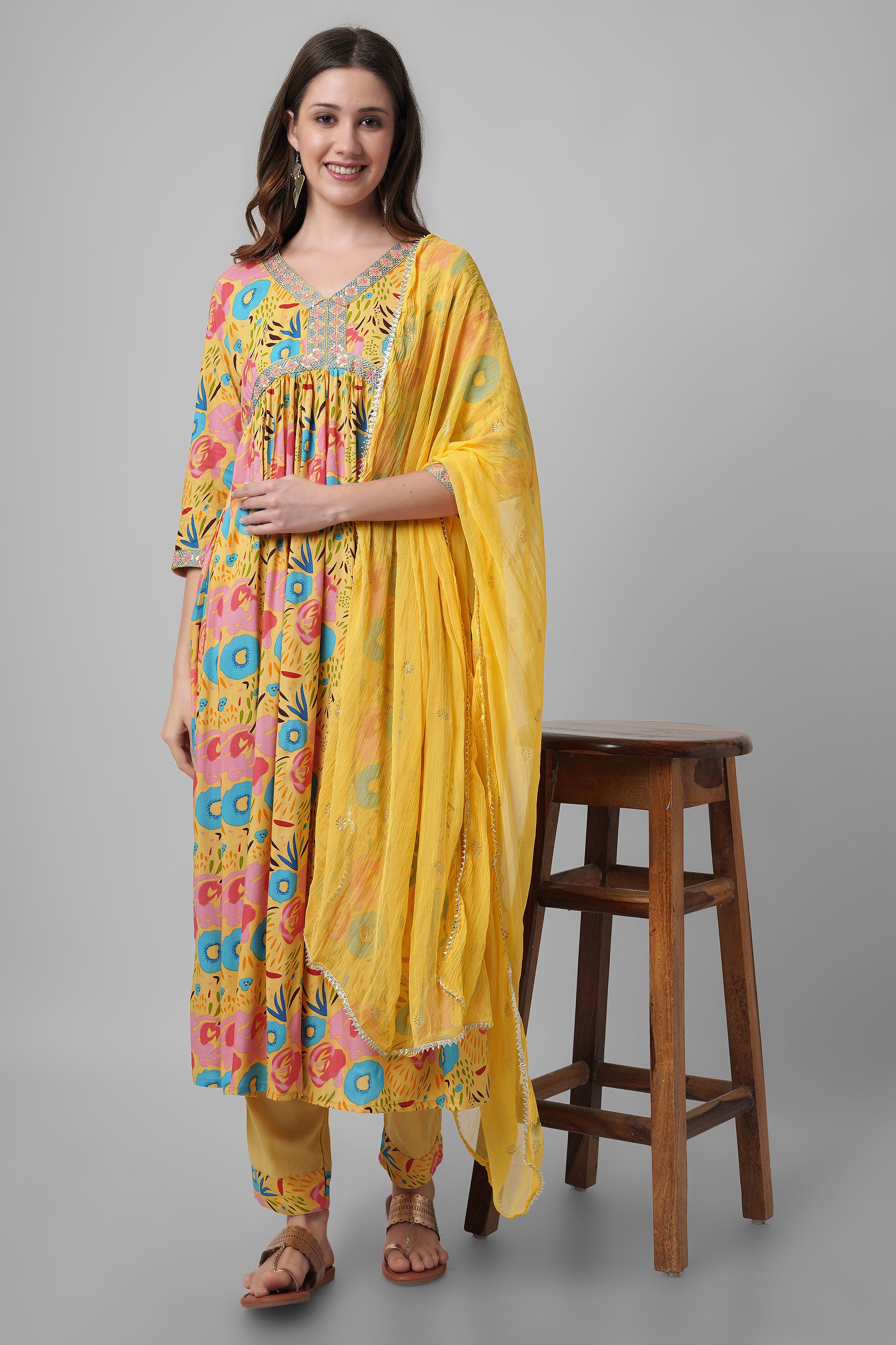 Yellow floral aliya cut kurti set