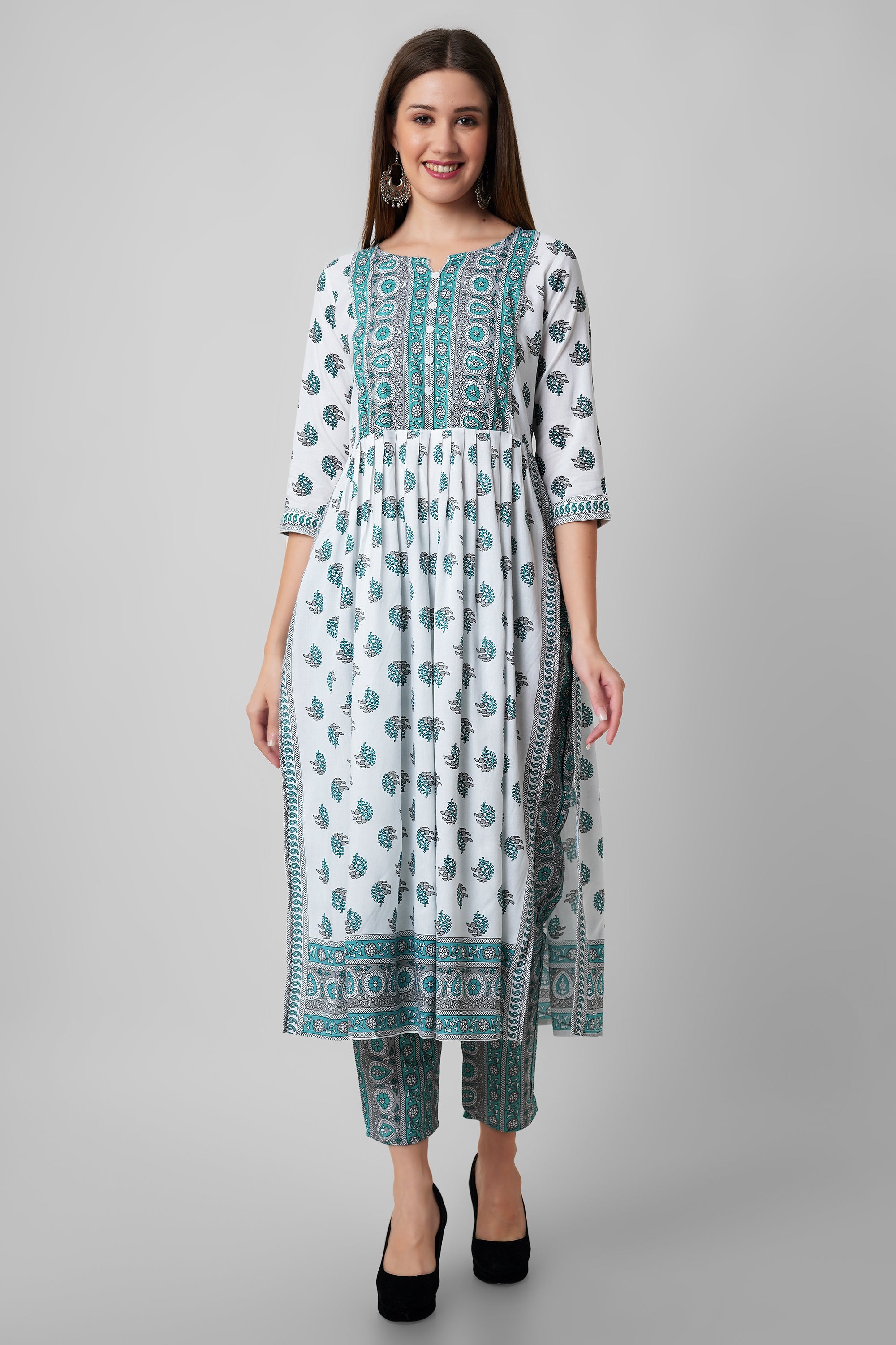 Blue and white printed nayra cut kurti set