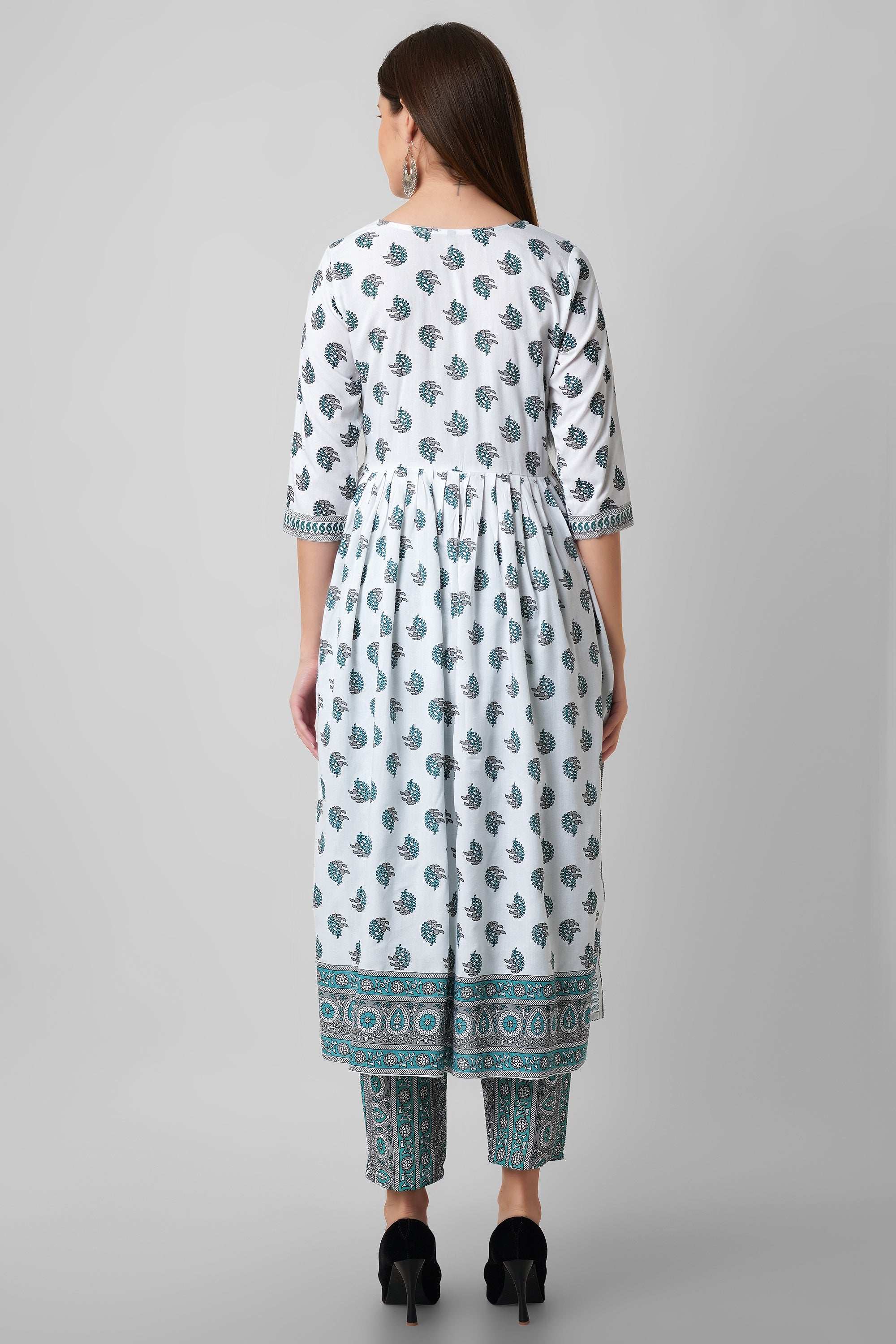 Blue and white printed nayra cut kurti set