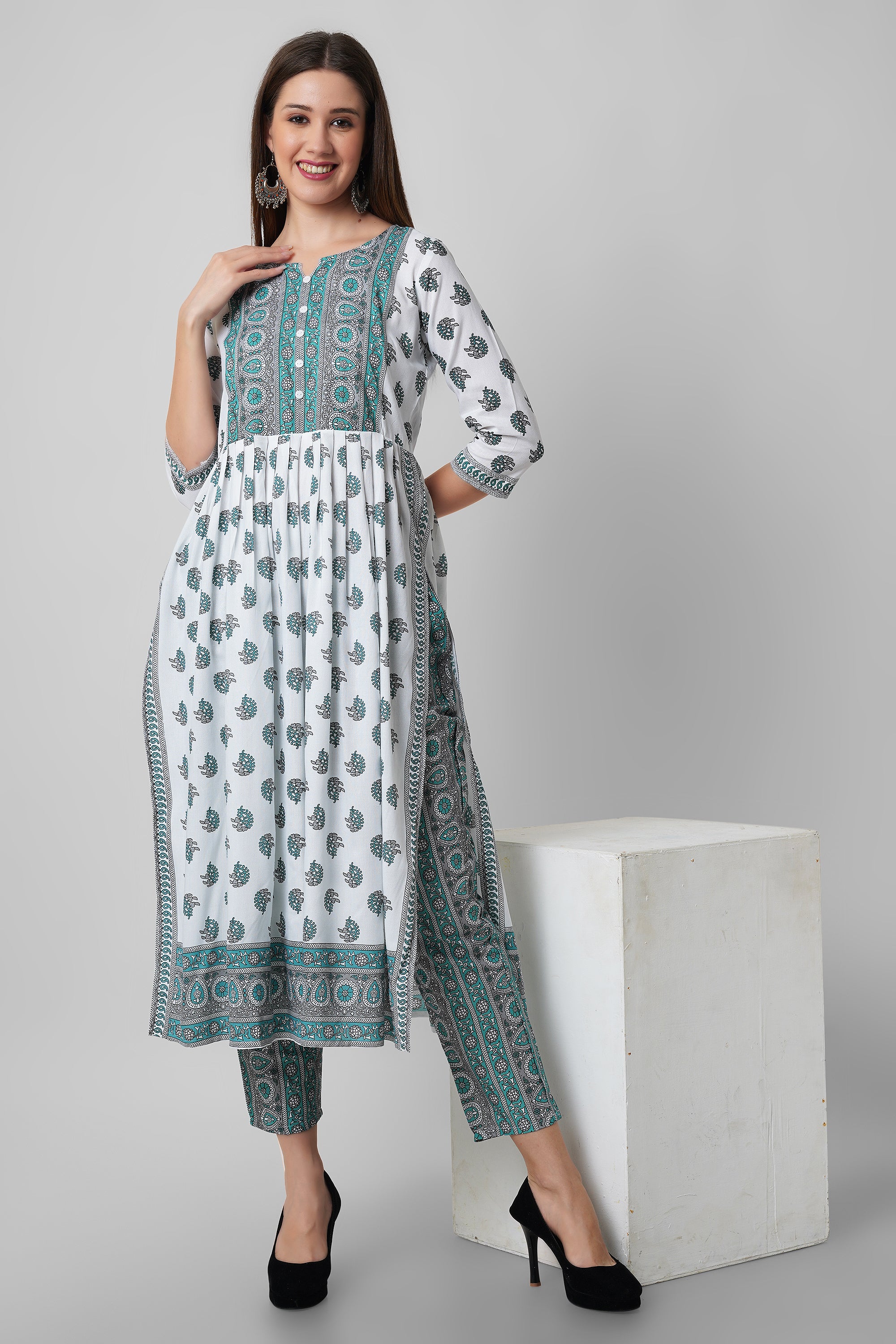 Blue and white printed nayra cut kurti set