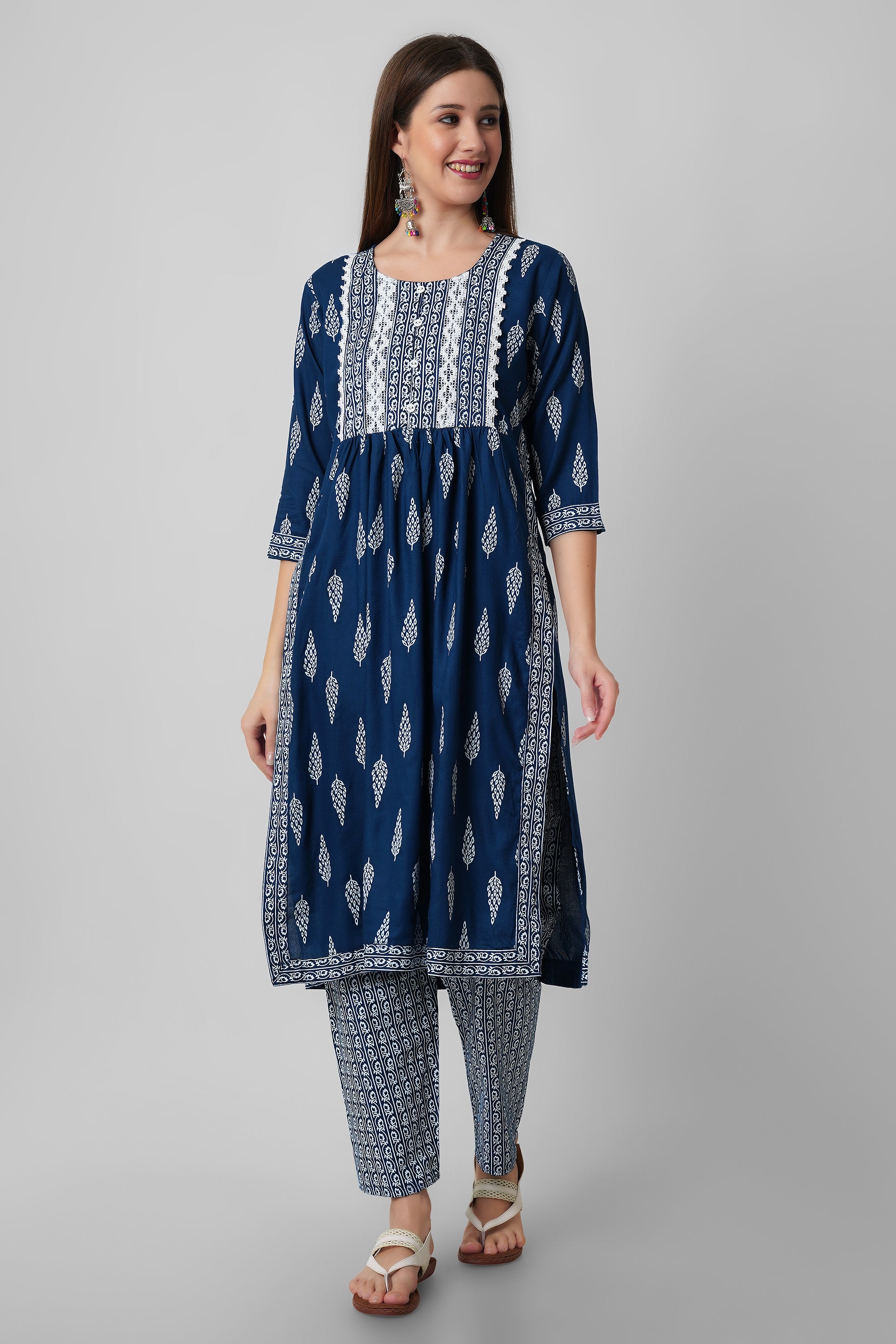 Blue block printed nyra cut kurti set