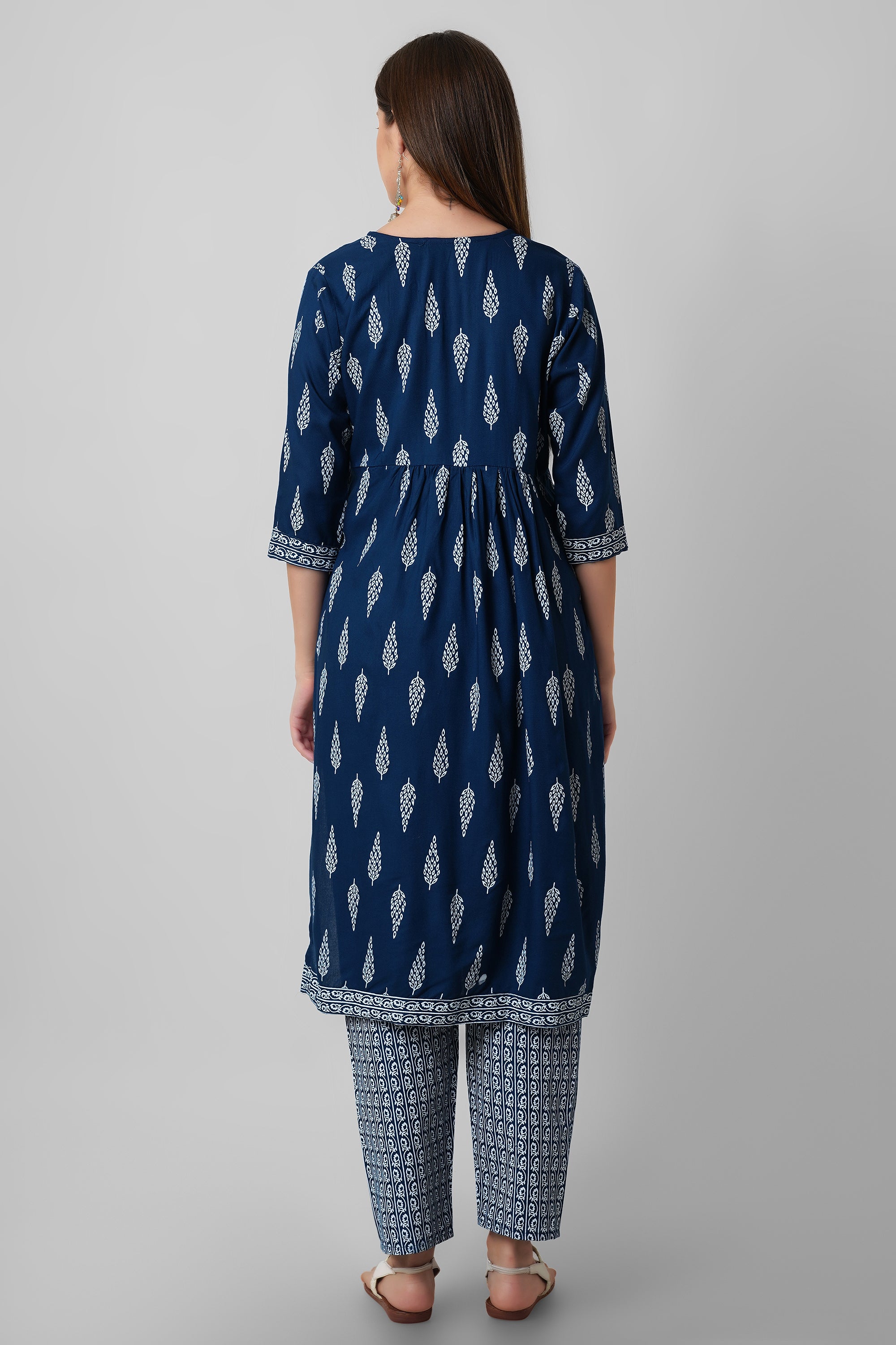 Blue block printed nyra cut kurti set