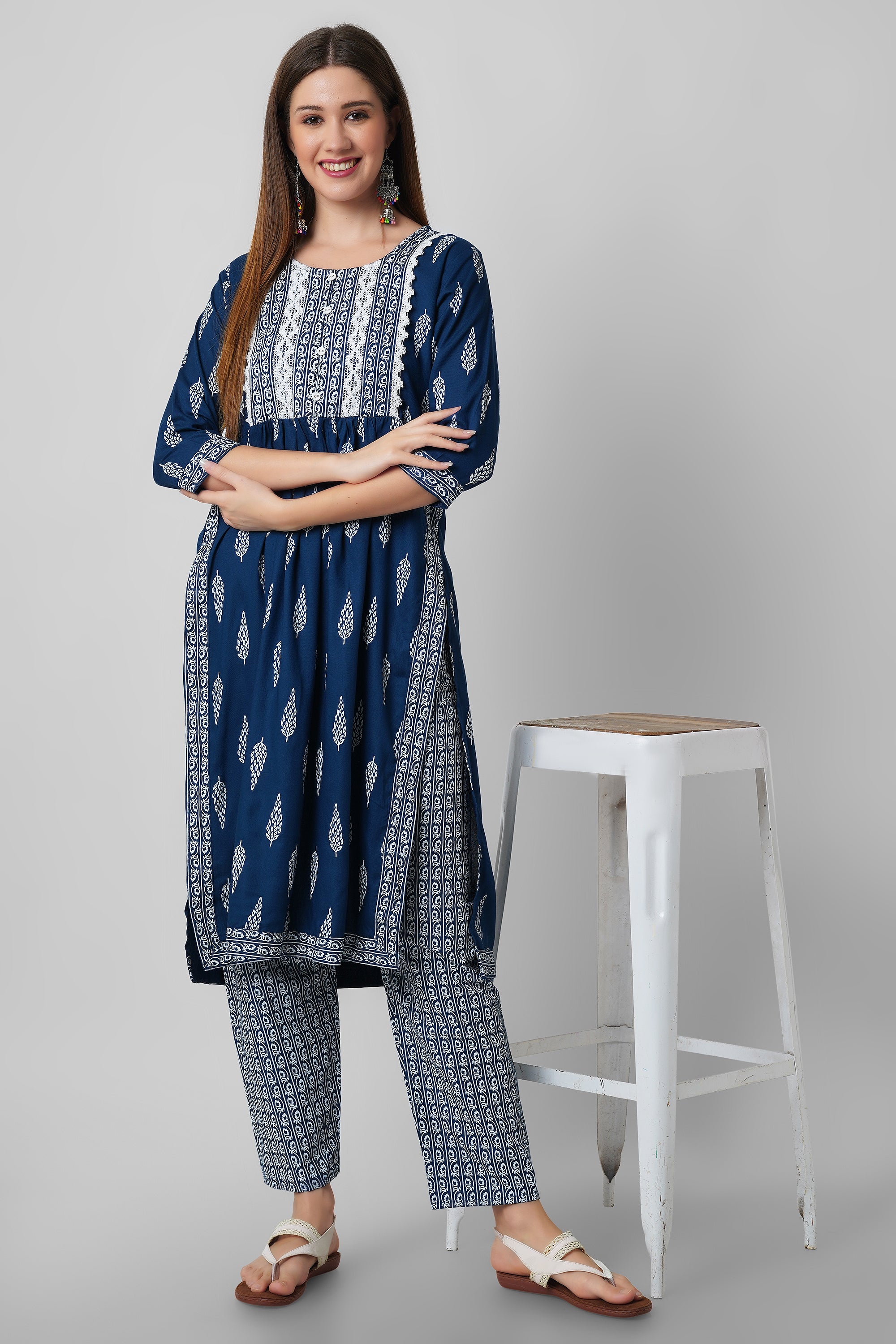 Blue block printed nyra cut kurti set