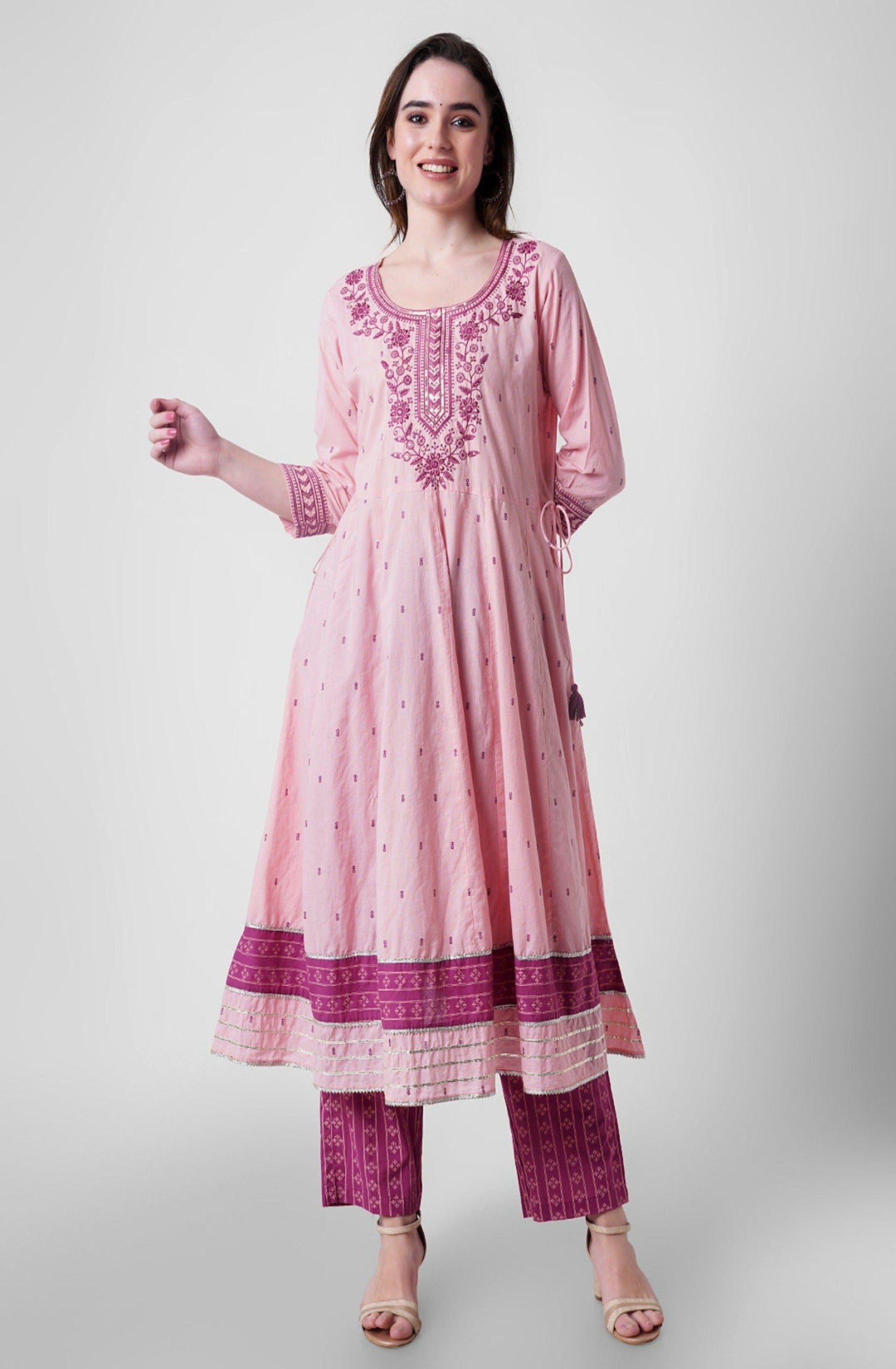 Pink embroidered anarkali kurti set