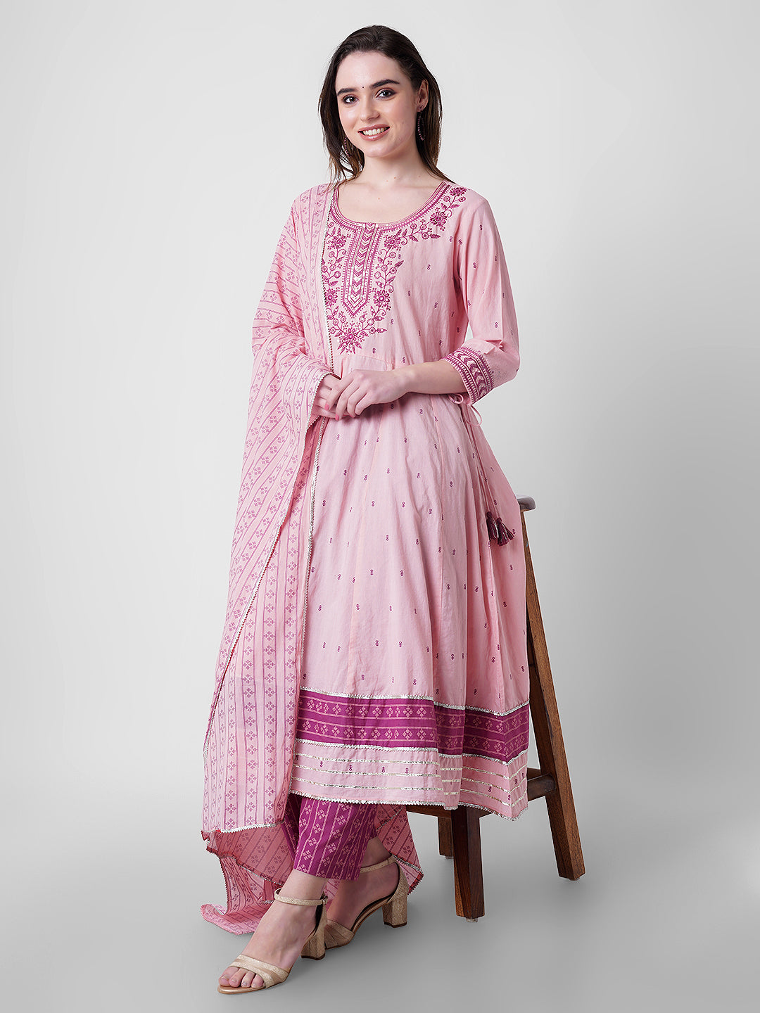 Pink embroidered anarkali kurti set