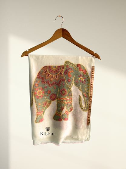 Cream Pure fine wool Stole with elephant weaving